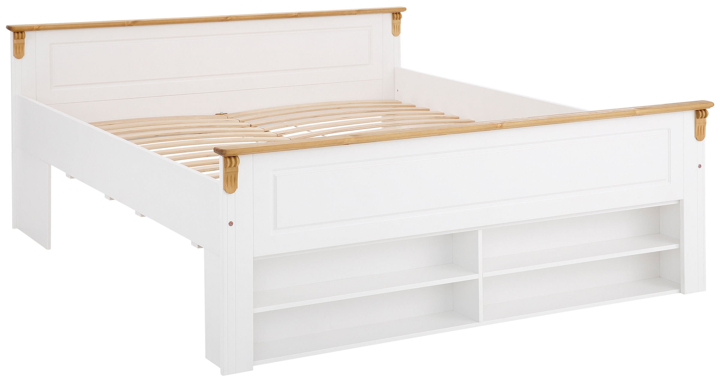 Home affaire Massivholzbett »Tessin, Stauraumbett, Landhausstil, Schubladen optional, rustikal«, (Breite/Belastbarkeit 180cm/220 KG, 140cm/180 KG), zertifizierte Kiefer, Kassetten-Optik, stabile Qualität
