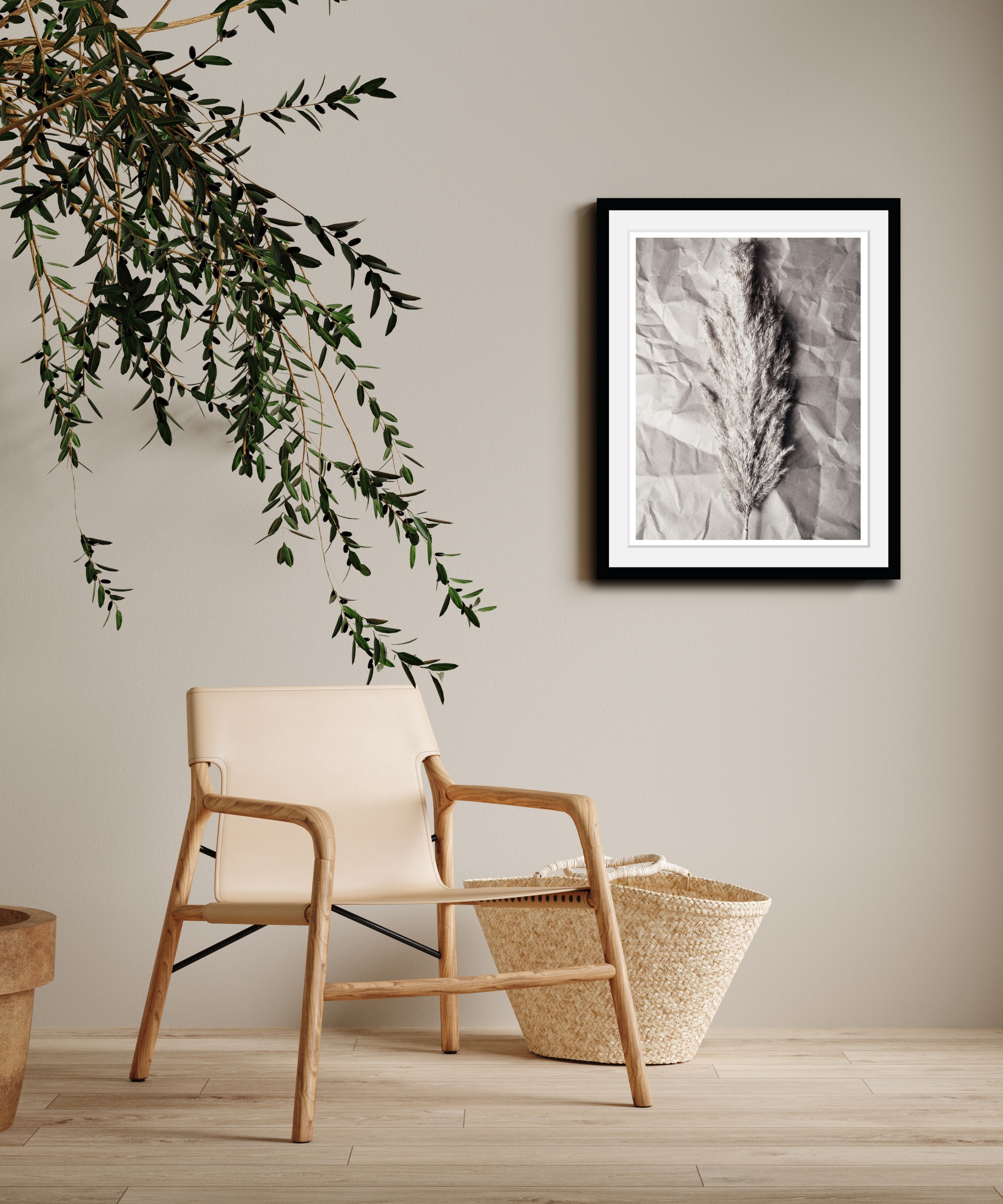 Leonique Bild mit Rahmen »Pampasgras - Gerahmter Digitaldruck - Wandbild«, Blumen-Blumenbilder-Kunst-Gräser, (1 St.), Premium Poster mit Naturholzrahmen, Handarbeit aus Deutschland