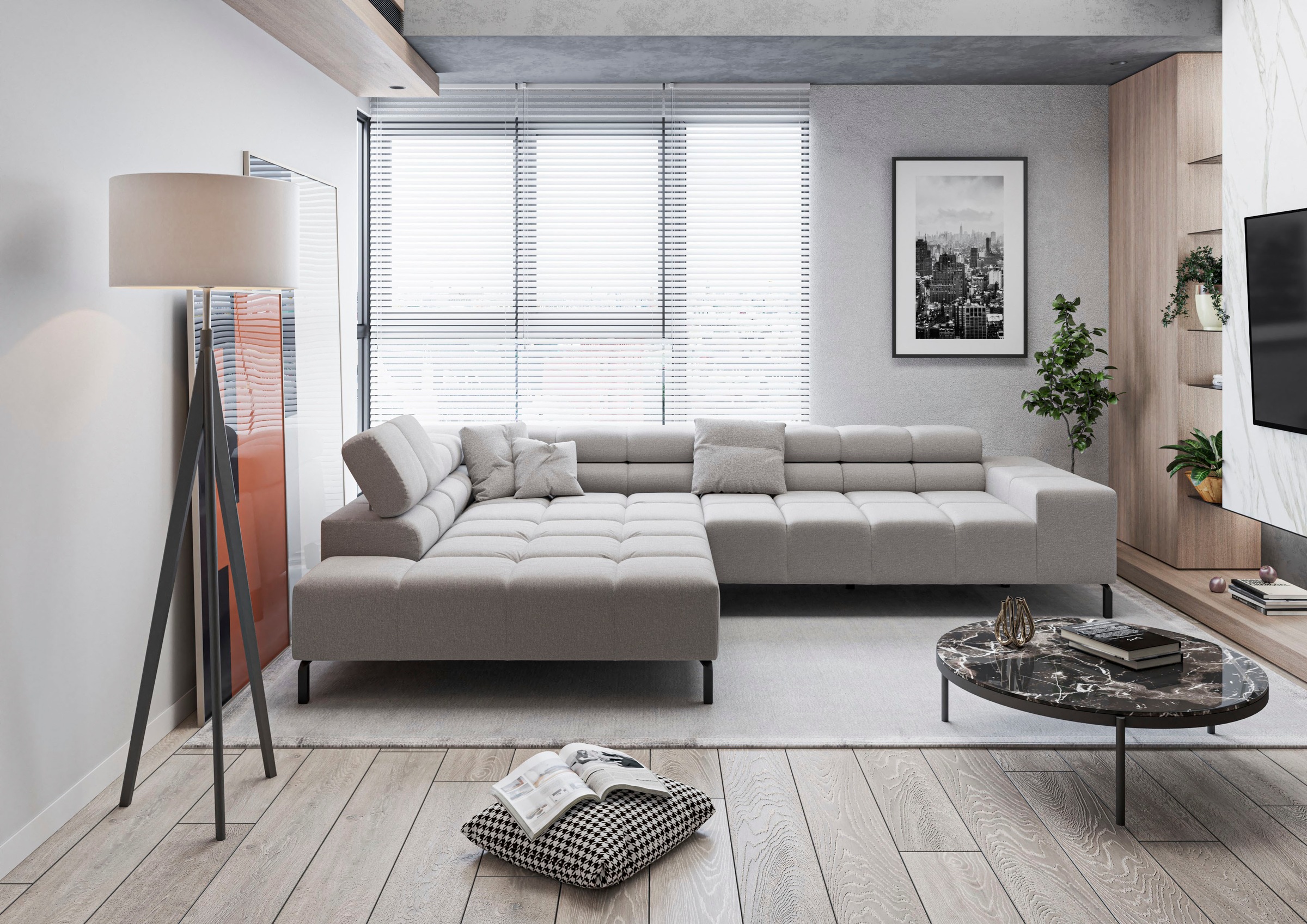 INOSIGN Ecksofa »Ancona New, wahlweise motorische Sitztiefenverstellung, auch Cord«, feine Steppung, mit Kopfteilverstellung, 3 Zierkissen, L-Form