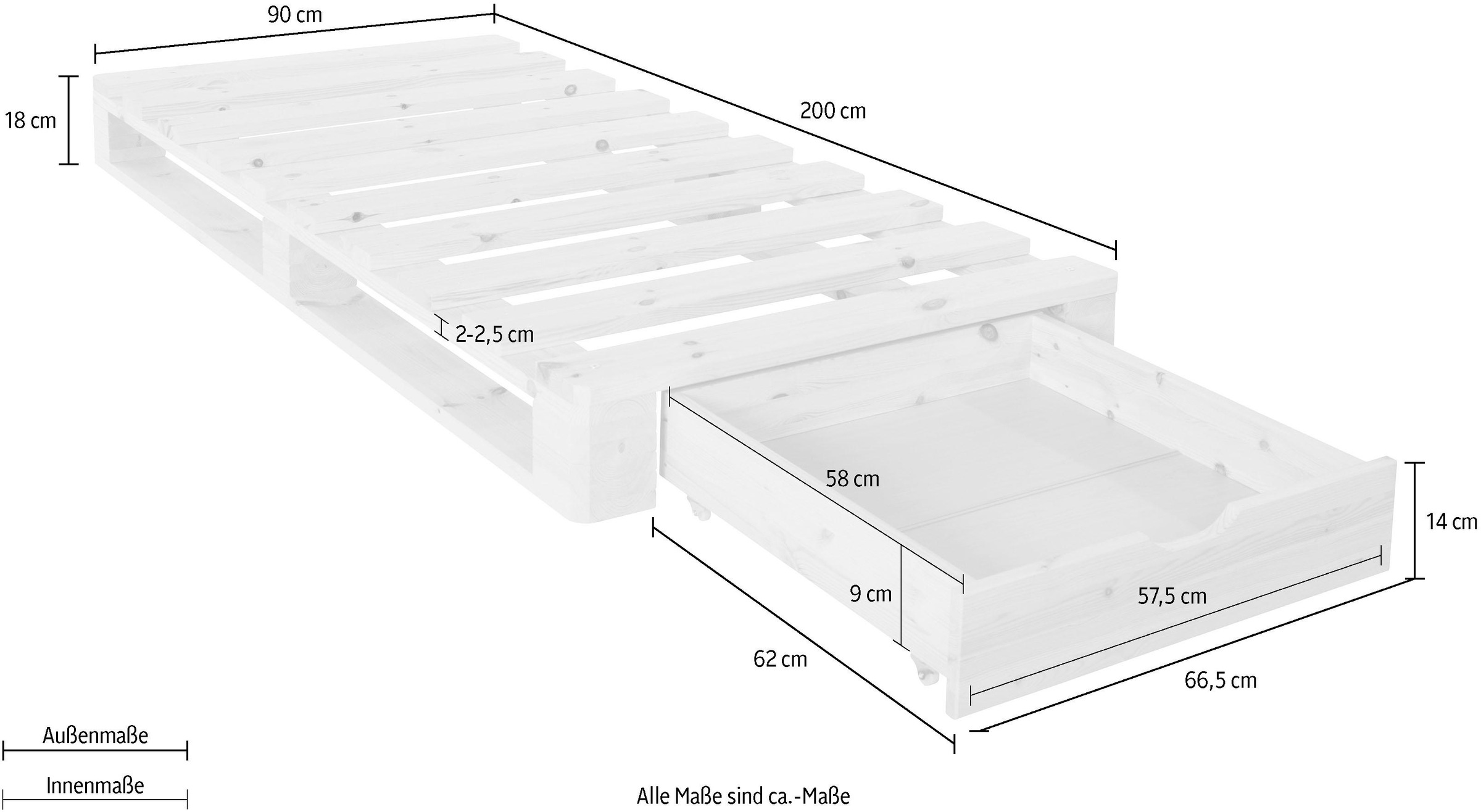 Home affaire Palettenbett »"ALASCO " BESTSELLER! Mit Schublade«, zertifiziertes Massivholz, erweiterbar zum Doppel- oder Familienbett