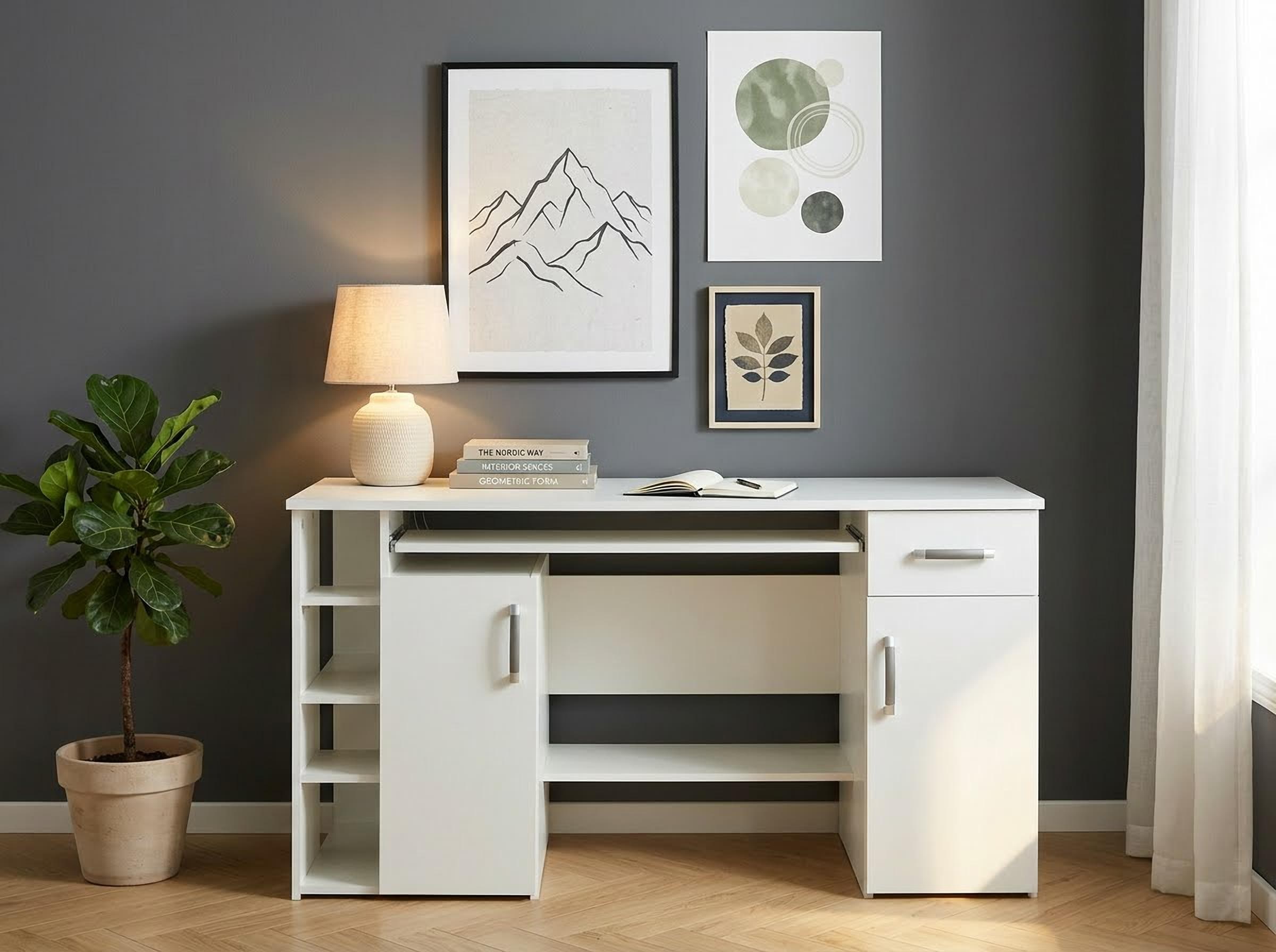 VOGL Möbelfabrik Schreibtisch »Tim mit seitlich offenen Fächern & Tastaturauszug,« Druckerablage, 1 Schublade, Breite 138 cm, Made in Germany