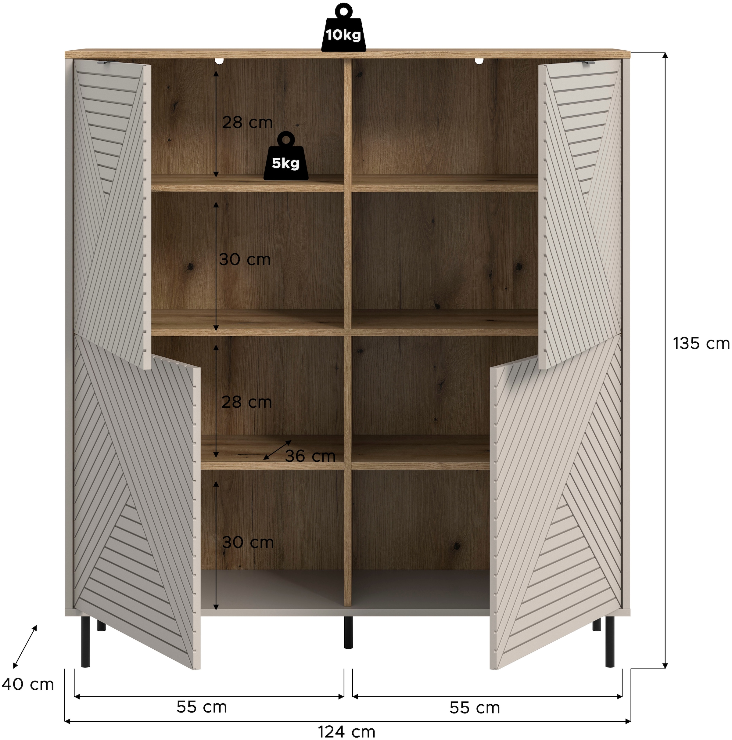 Home affaire Highboard »RAITA, Höhe 135 cm, Front mit Desgin-Fräsung, 4 Türen, viel Stauraum« moderne Farbkombi, individuell einsetzbar, Griffe & Füße aus Metall,  Kommode, Anrichte, Schrank, Sideboard, Lowboard