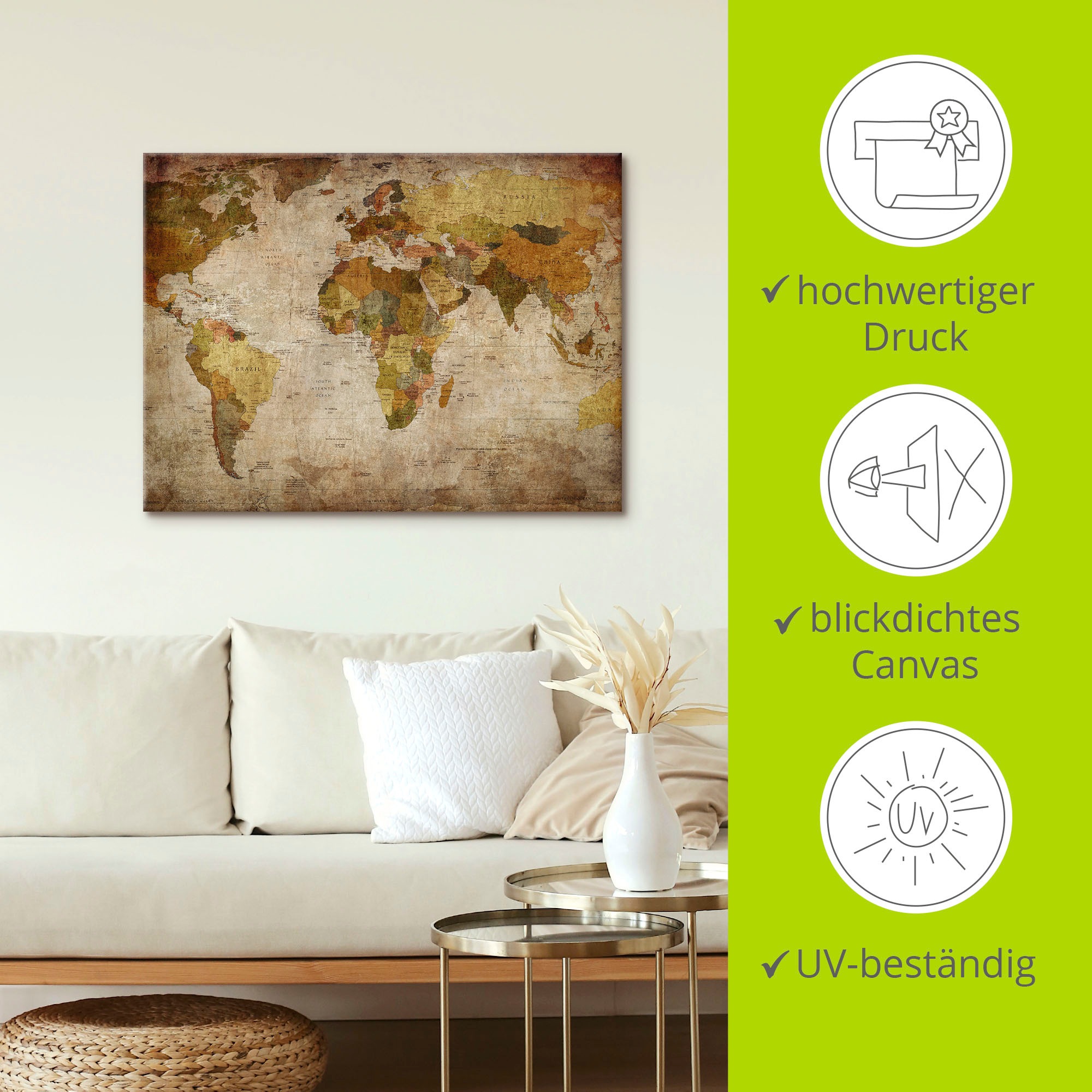 Artland Wandbild »Weltkarte«, Landkarten, (1 St.), als Alubild, Outdoorbild, Leinwandbild, Poster, Wandaufkleber