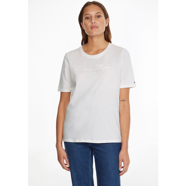 Tommy Hilfiger Rundhalsshirt »REG HIGH SHINE EMB C-NK SS«, mit glänzender Tommy  Hilfiger Stickerei bei ♕