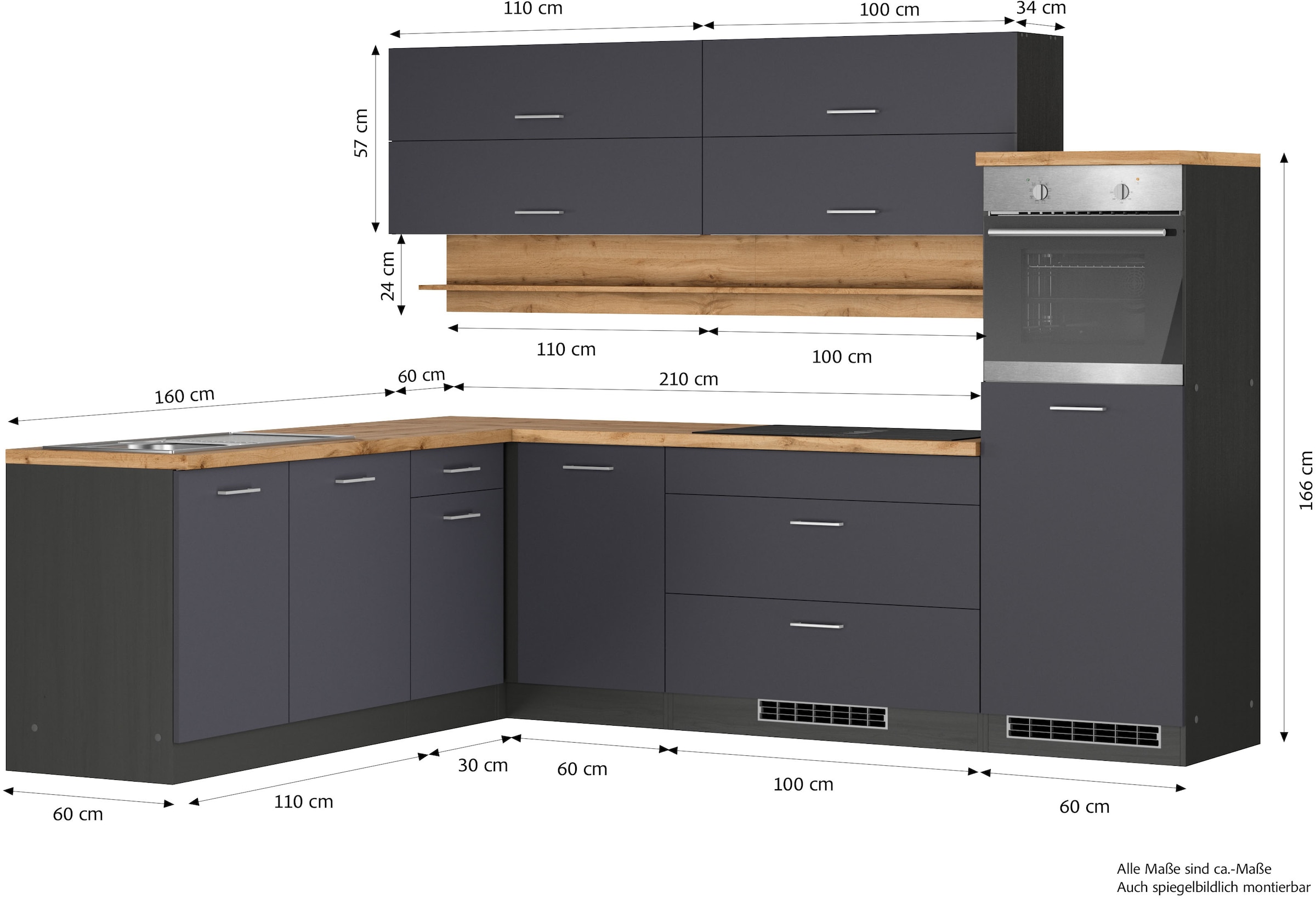 KOCHSTATION Winkelküche »KS-Milan, optional mit Muldenlüfter« Stellbr.270/220 cm, wahlweise mit E-Geräten, Kochfeld mit Dunstabzug