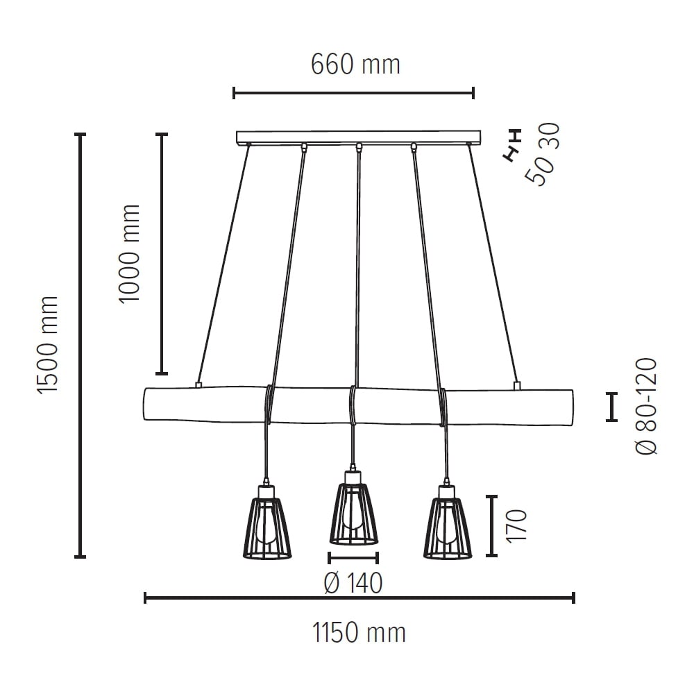 SPOT Light Pendelleuchte »TRABO«, 3 flammig, Leuchtmittel E27 | ohne Leuchtmittel, Hängeleuchte, mit Massivholzbalken Ø 8-12 cm, Naturprodukt, Kürzbar