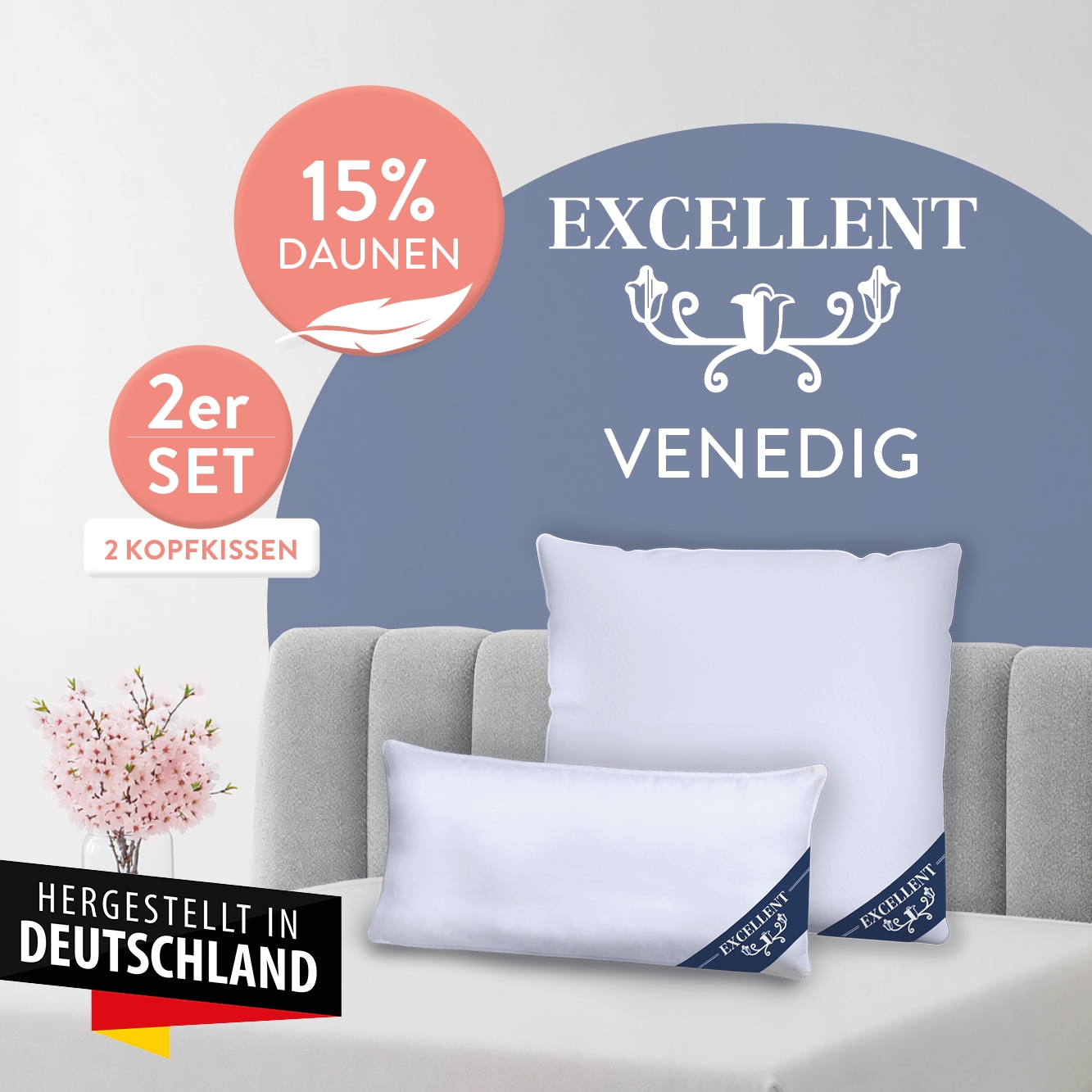 Excellent Kopfkissen "Venedig, Kuschel- oder Kopfkissen 1-tlg. oder 2 -tlg." Füllung: 85% Federn / 15% Daunen 2 Kopfkissen, 2 Stk. tlg. Deko- oder Kopfkissen in vielen Größen