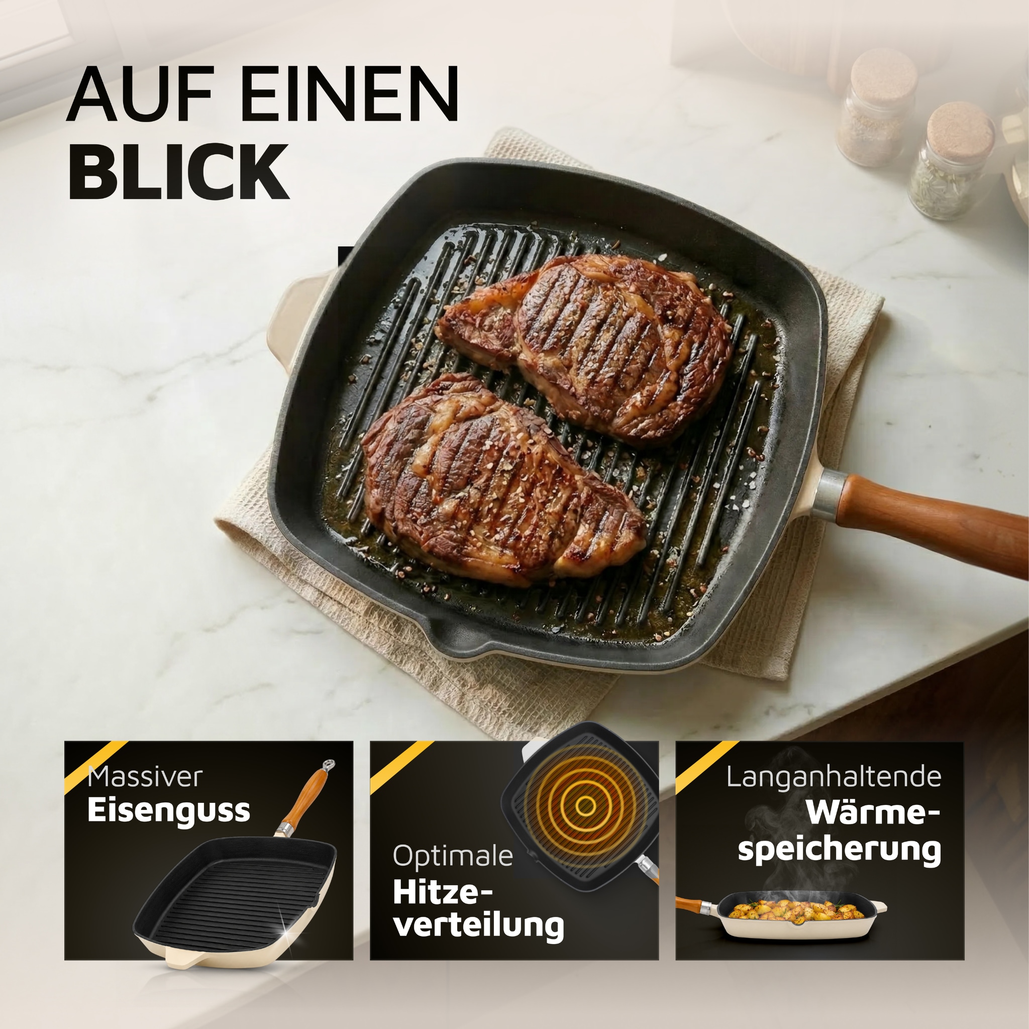 Krüger Steakpfanne »Einsenguss Grill-/ Steakpfanne SAVANNA, 28 x 28cm« Gusseisen 1 Stk. tlg. für Induktions-Kochfelder geeignet
