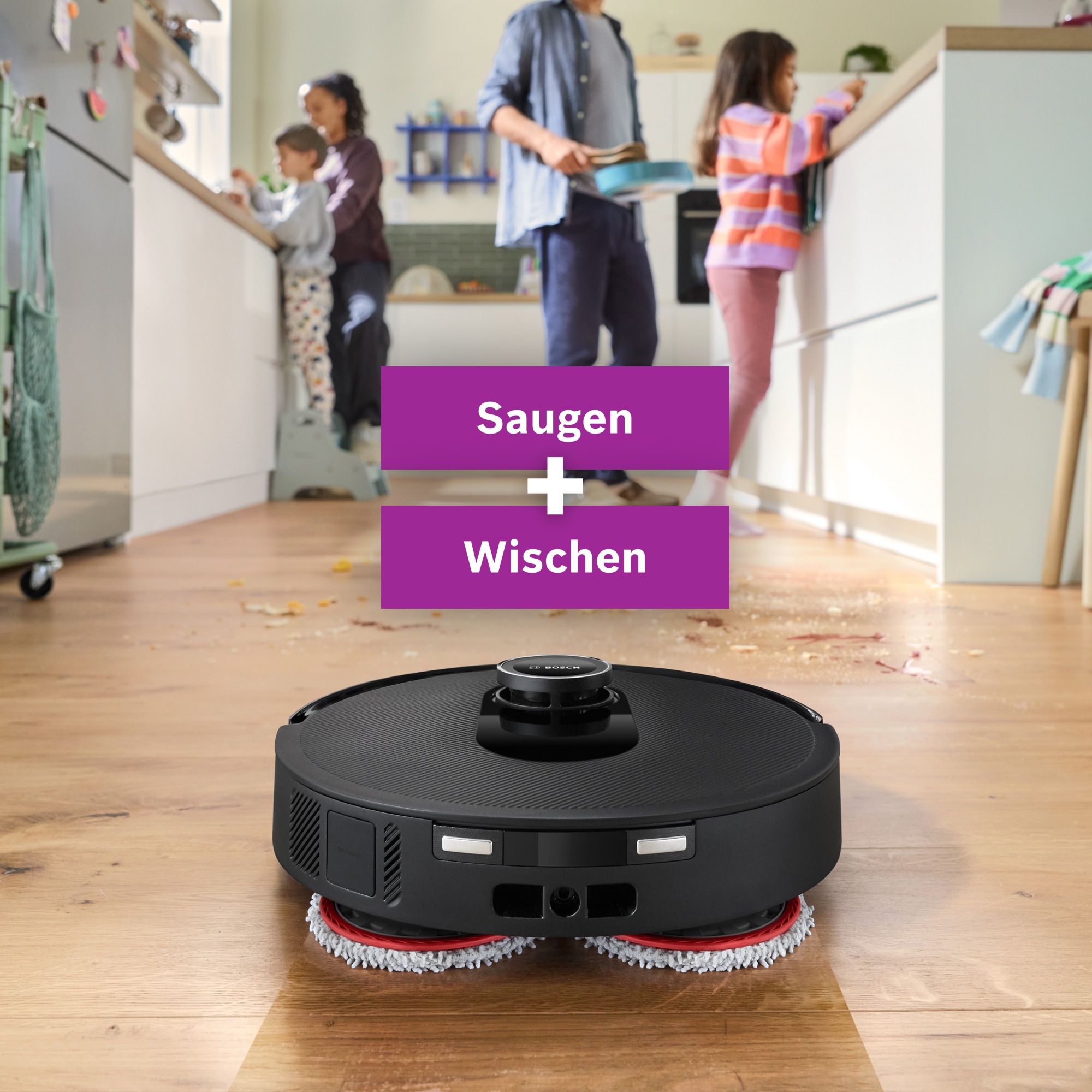 BOSCH Saugroboter »Spotless Max BCRDW3B, rotierende Wischpads, 70°C Selbstreinigung«, Datensicherheit, 11.000 Pa Saugkraft, Absaugstation, Carbon Bürste