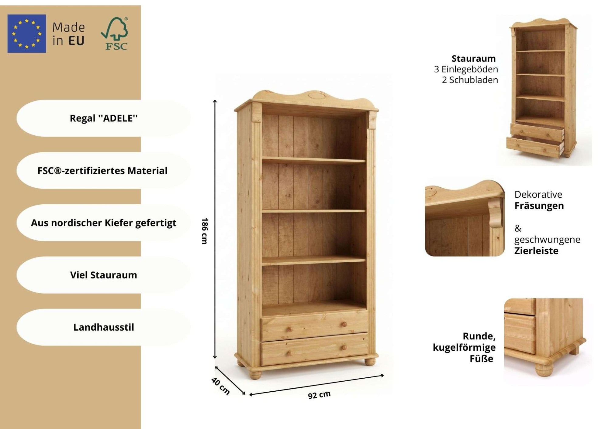 OTTO home Bücherregal »Adele, Standregal, Regal« B/T/H:,  aus massiver Kiefer, Breite 92 cm, mit 2 Schubladen, FSC®