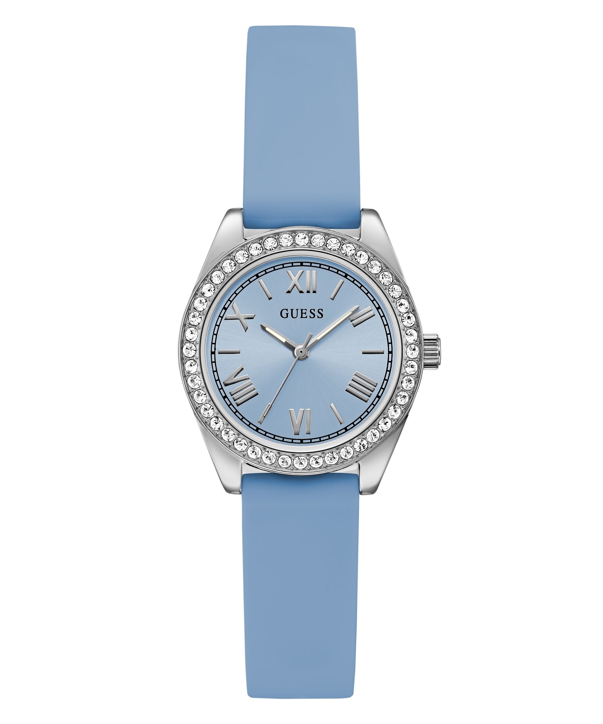 Guess Quarzuhr »GUESS-MINI LUNA GLITZ« Armbanduhr, Damenuhr, Silikonarmband, analog