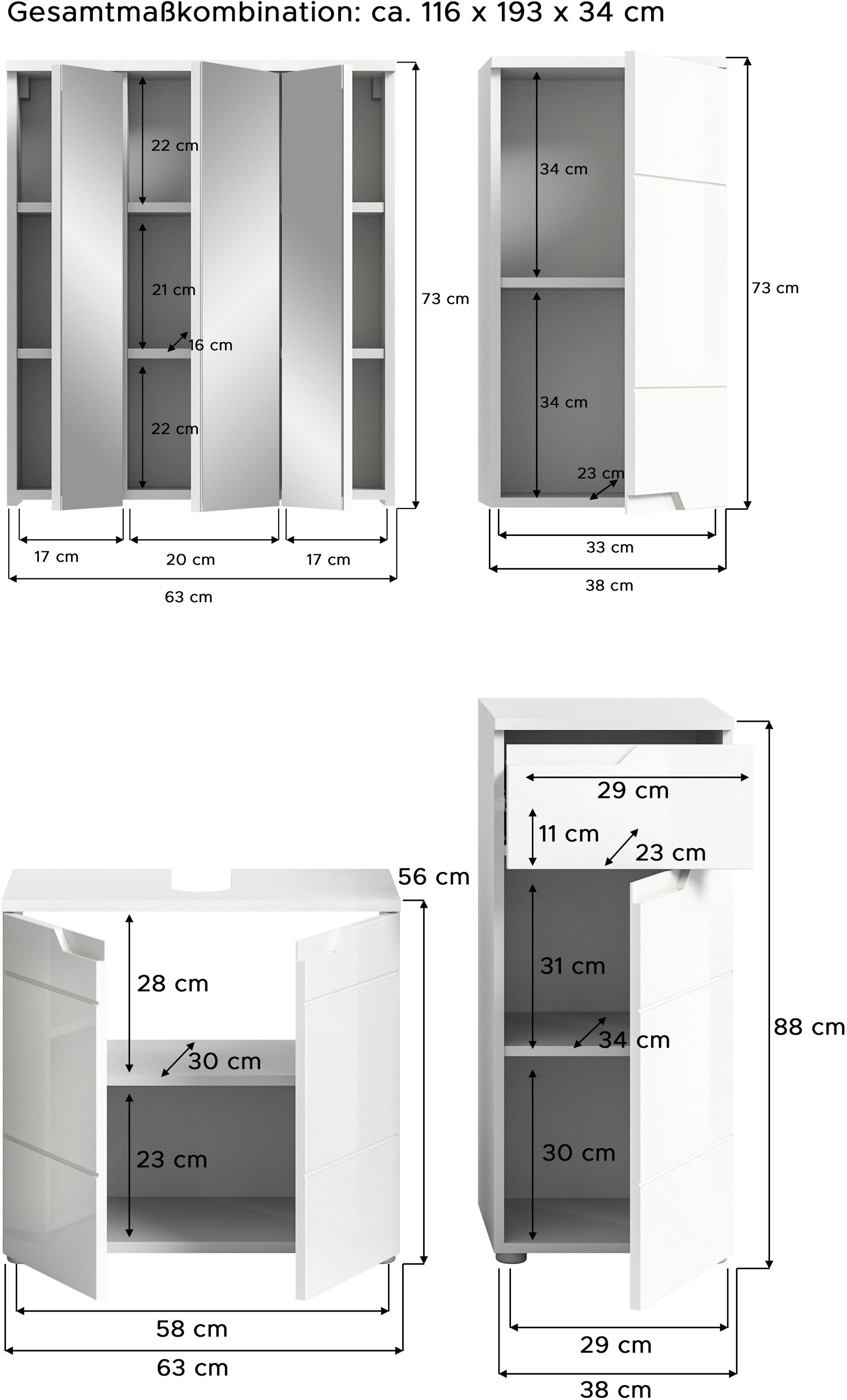 INOSIGN Badmöbel-Set »CAPRI, 4-teilig, mit eingefasster Griffmulde, bestehend aus:«, Waschbeckenunterschrank, Spiegelschrank, Unterschrank und Hängeschrank