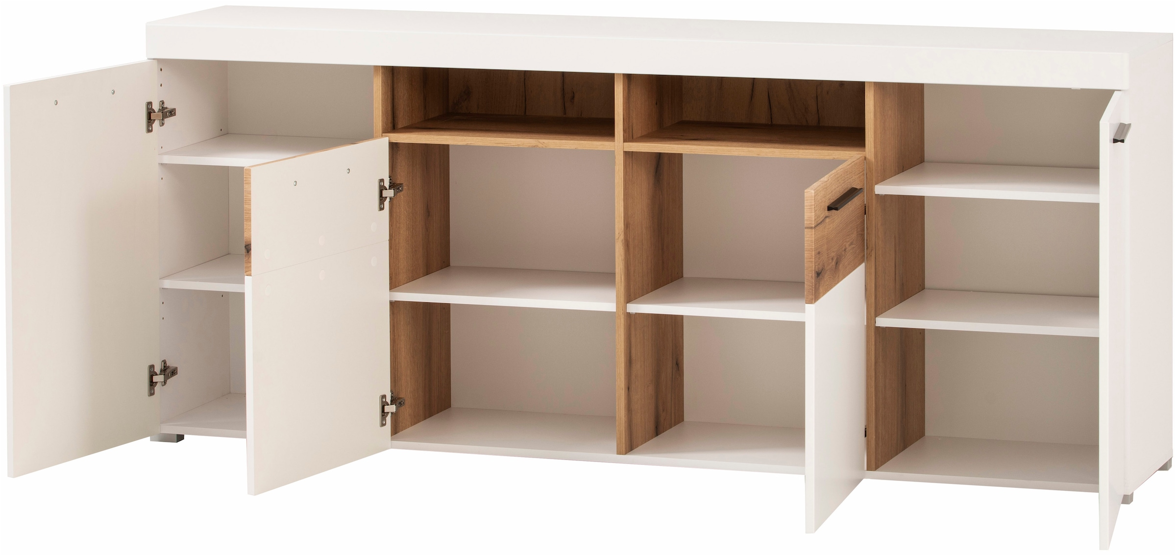 Home affaire Sideboard »Salerno, moderner Schrank, Highboard in Weiß mit Eiche Evoke Dekor« Metallgriffe, ausreichend Stauraum, vielseitig einsetzbar, 205cm breit