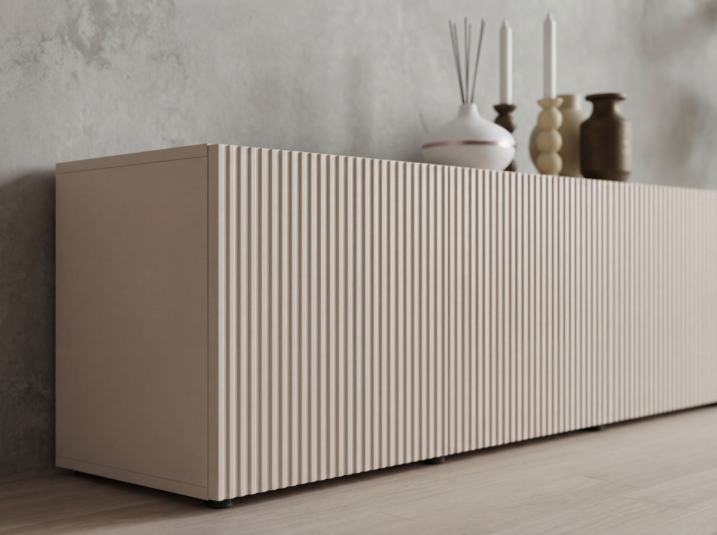 OTTO home Lowboard »Rio, 245 cm breit, 47 cm tief, 4 Türen mit geriffelten MDF Fronten« Modernes Lowboard für bis zu 98-Zoll-TV – perfekt für die WM