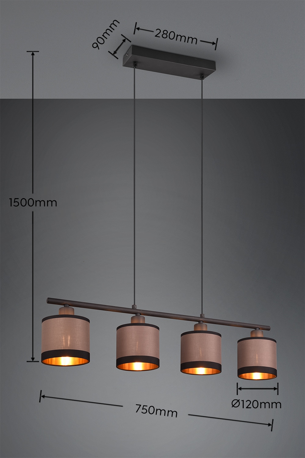 REALITY Leuchten Pendelleuchte »DAVOS, Hängeleuchte 4-flammig exkl 4x E14 max 10W höhenverstellbar«, 4 flammig, Leuchtmittel E14 | Leuchtmittel wechselbar, Hängelampe mit Stoffschirmen 2-farbig Höhe bis max 150cm verstellbar