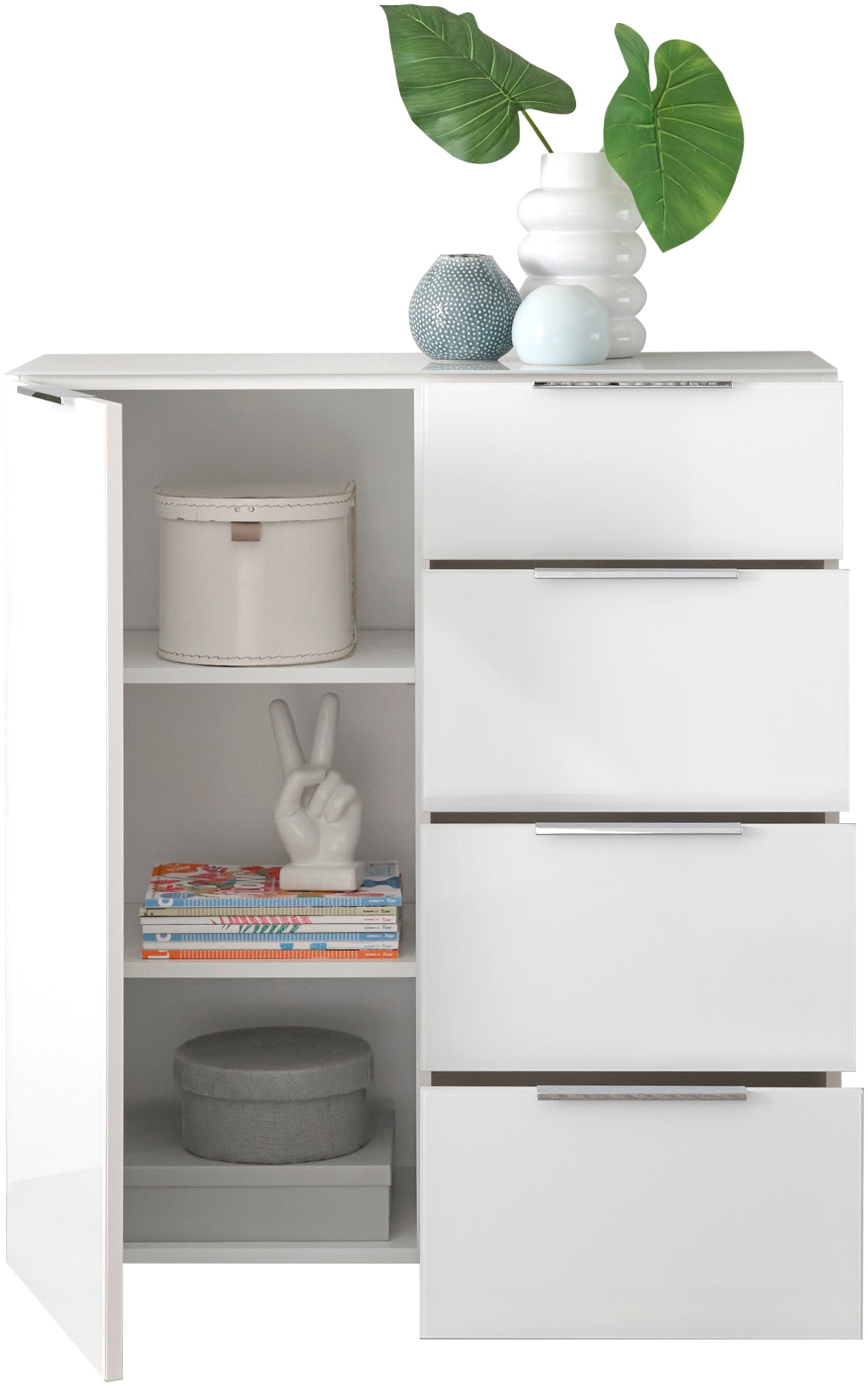HBZ Sideboard »Santorin Mehrzweckschrank-Universalschrank, BxHxT 90x99x40 cm« 1 Stk. tlg. Mit 1 Tür und 4 Schubkästen mit Softclose, Glasfront und Glasoberboden