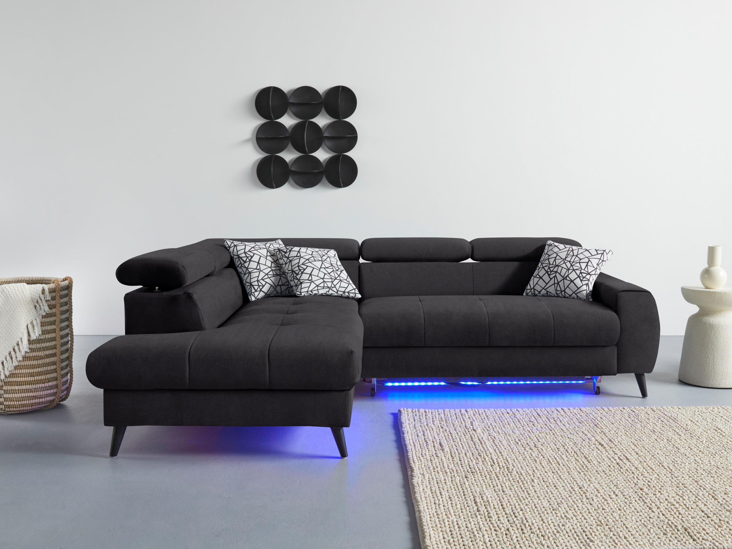 COTTA Ecksofa »Mia L-Form mit 3 Zierkissen«, wahlweise mit Bettfunktion, Bettkasten, Beleuchtung & Wireless-Charger