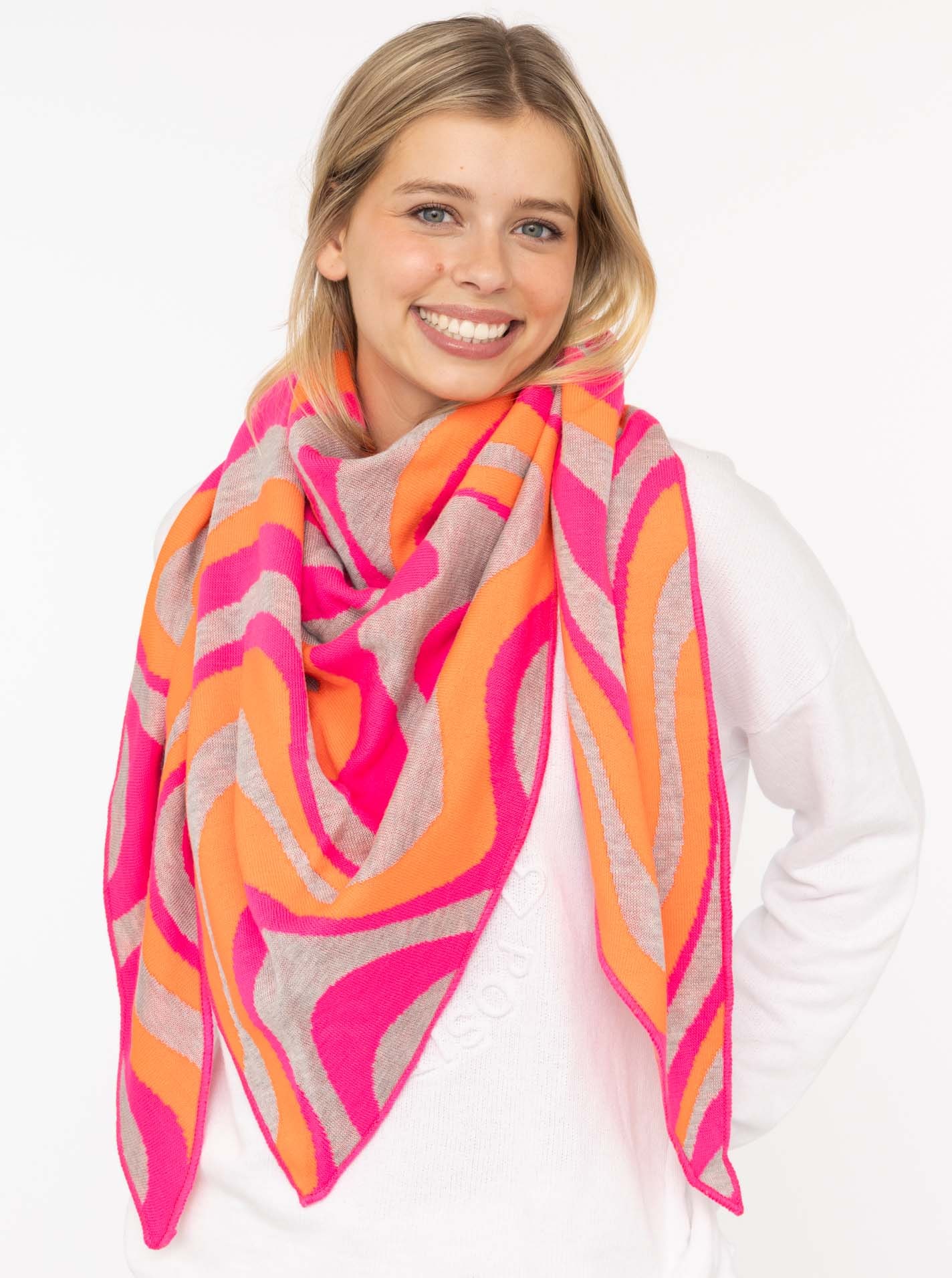 Zwillingsherz, Damen, Dreieckstuch »"Happy Waves"« auffallendes Muster, Strick, wärmend, Grau Pink Orange, Grau Pink Orange, Dreieckstuch von 