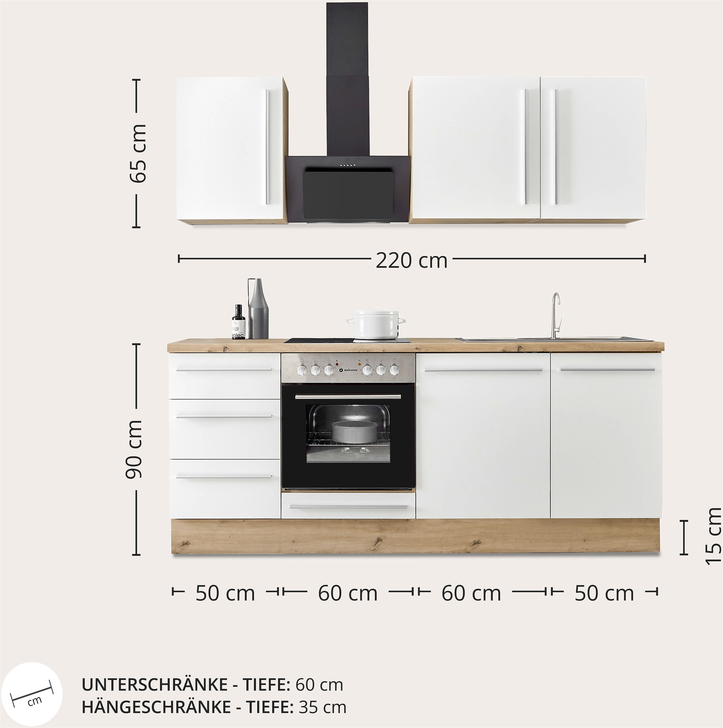 KOCHSTATION Küchenzeile »KS-Florida mit 38mm starker Arbeitsplatte« Breite 220 cm, wahlweise mit E-Geräten, Soft-Close-Funktion