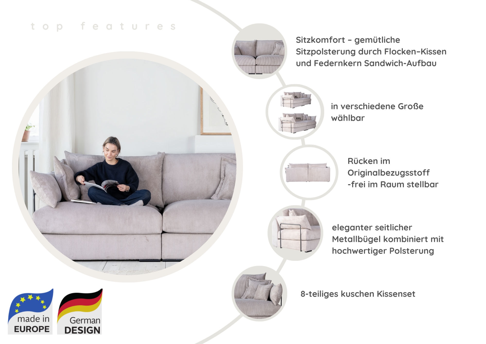 Home affaire Big-Sofa »Casa, Breite 247 cm« Mega-Sofa, Cord oder Chenille-Struktur wählbar, mit Federkern!