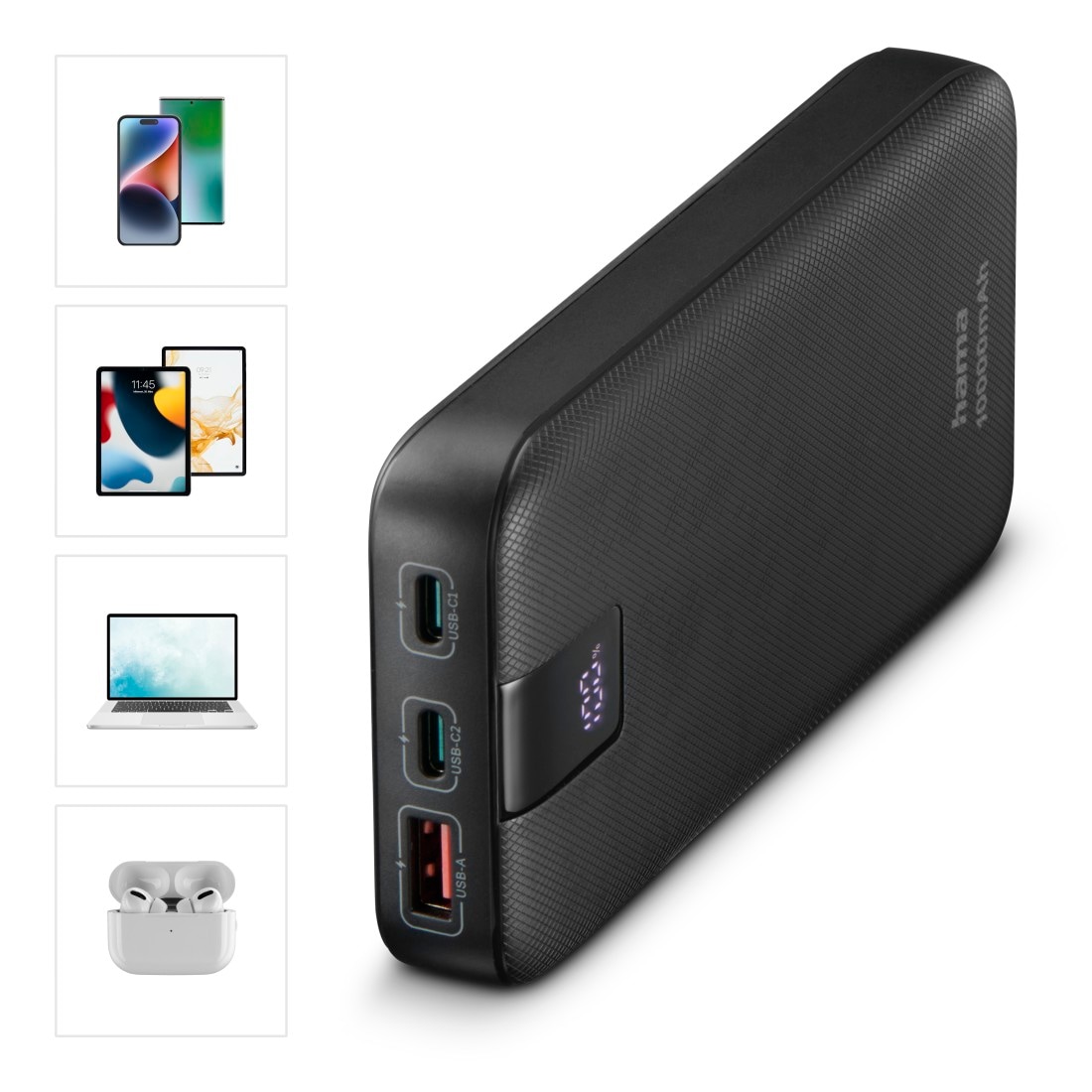 Hama Powerbank »Power Pack 10000 mAh (Schnellladen, 2x USB-C 1x USB-A, mit Ladekabel)«, 10000 mAh, Schnellladefunktion mit Power Delivery, Qualcomm® Quick Carge™ 3.0