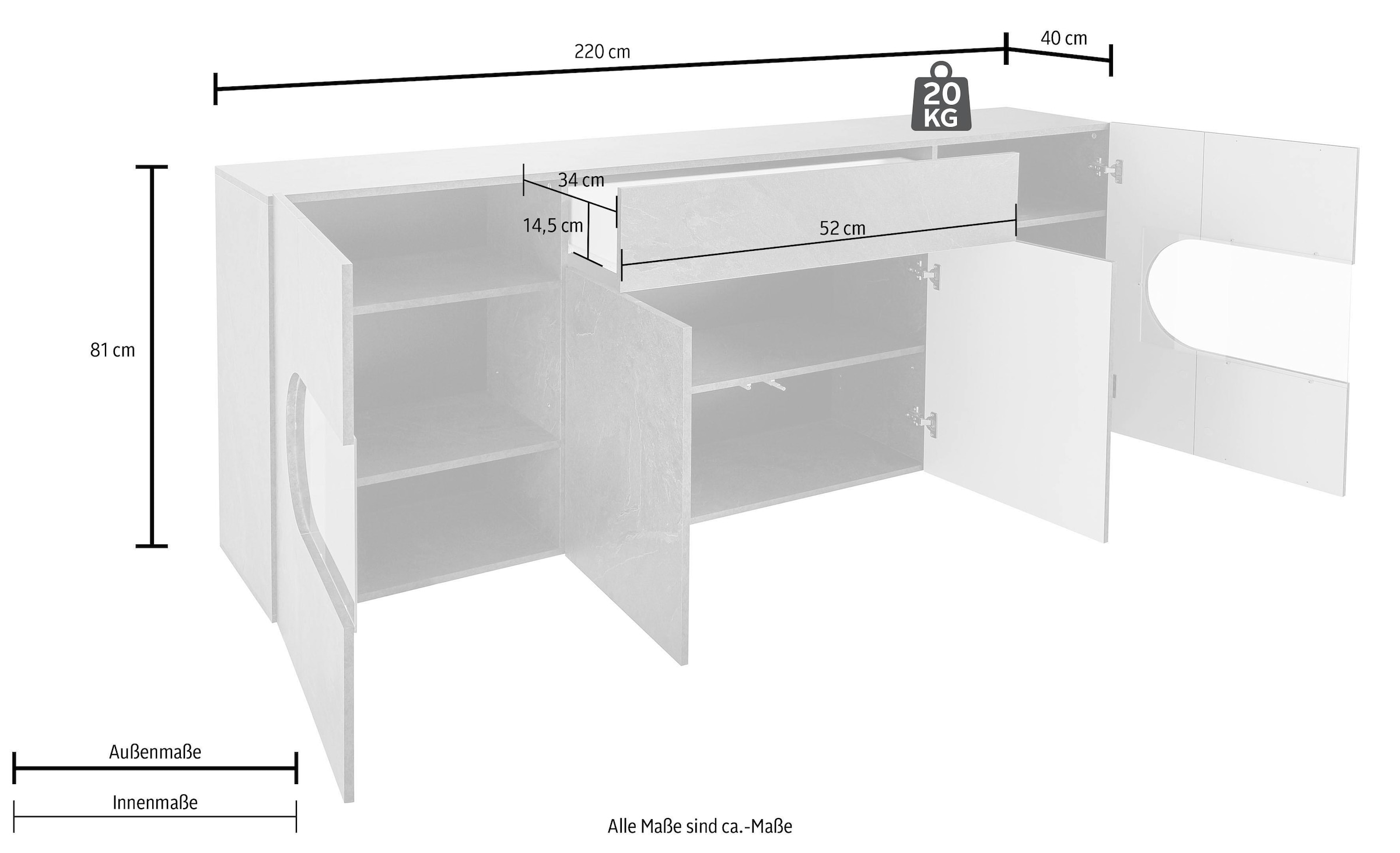 INOSIGN Sideboard »Real,Vitrine,Kommode,Schrank,Breite 220 cm komplett hochglanz lackiert«, mit 4 Türen davon 2 Glastüren und 1 schublade ohne Griff