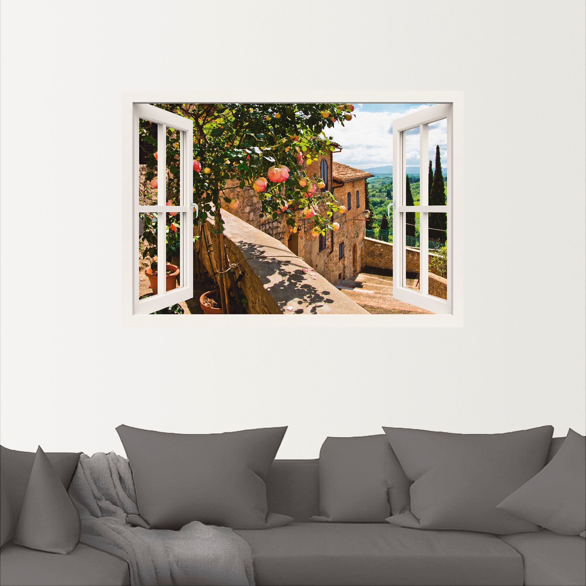 Artland Wandbild »Fensterblick Rosen auf Balkon Toskana«, Garten, (1 St.), als Alubild, Outdoorbild, Leinwandbild, Poster, Wandaufkleber