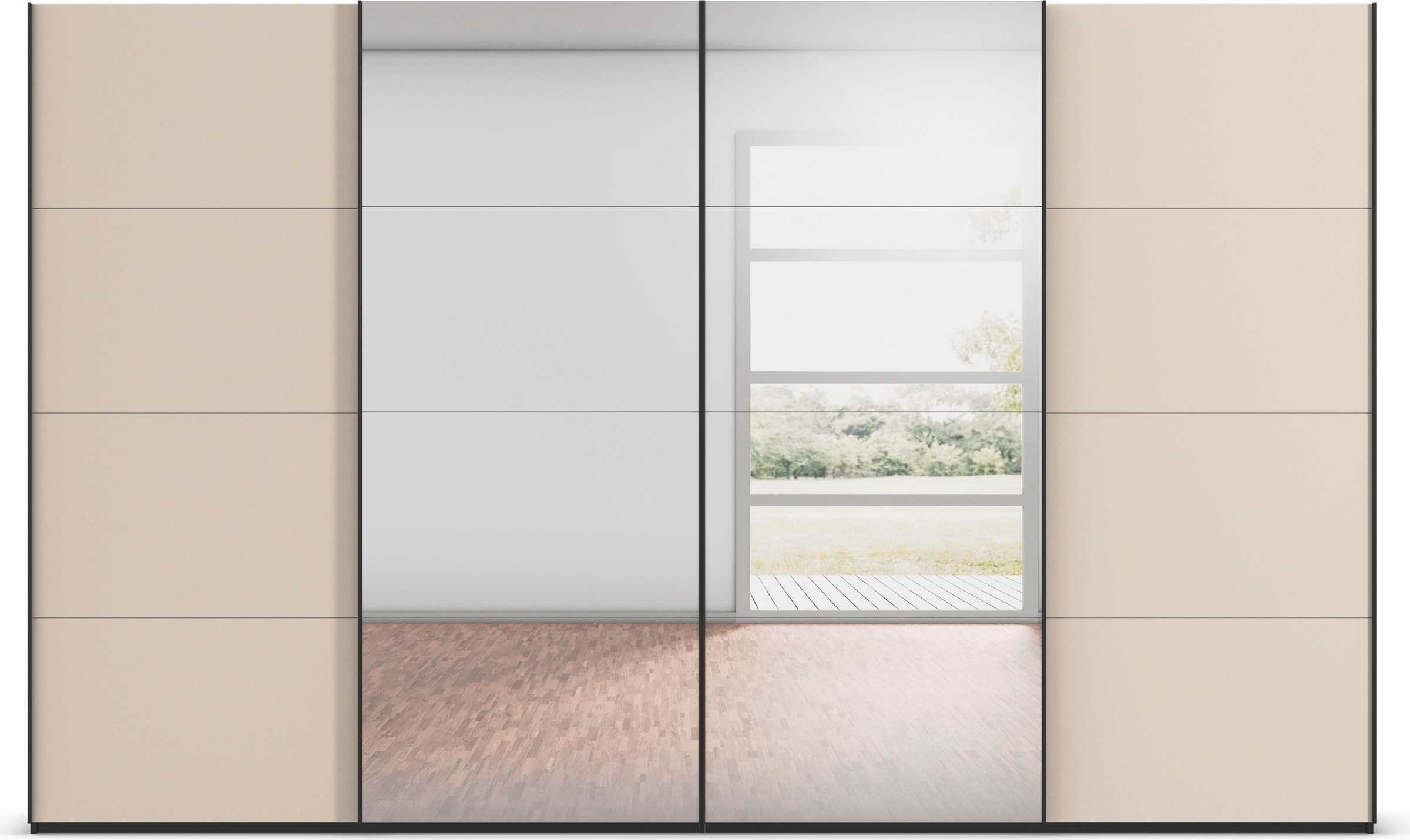 rauch Schwebetürenschrank »Kleiderschrank Schrank Garderobe Schlafzimmerschrank SCALE-FYRA«, edle viergeteilte Türen Spiegel/Glas-Mix viele Farben MADE IN GERMANY