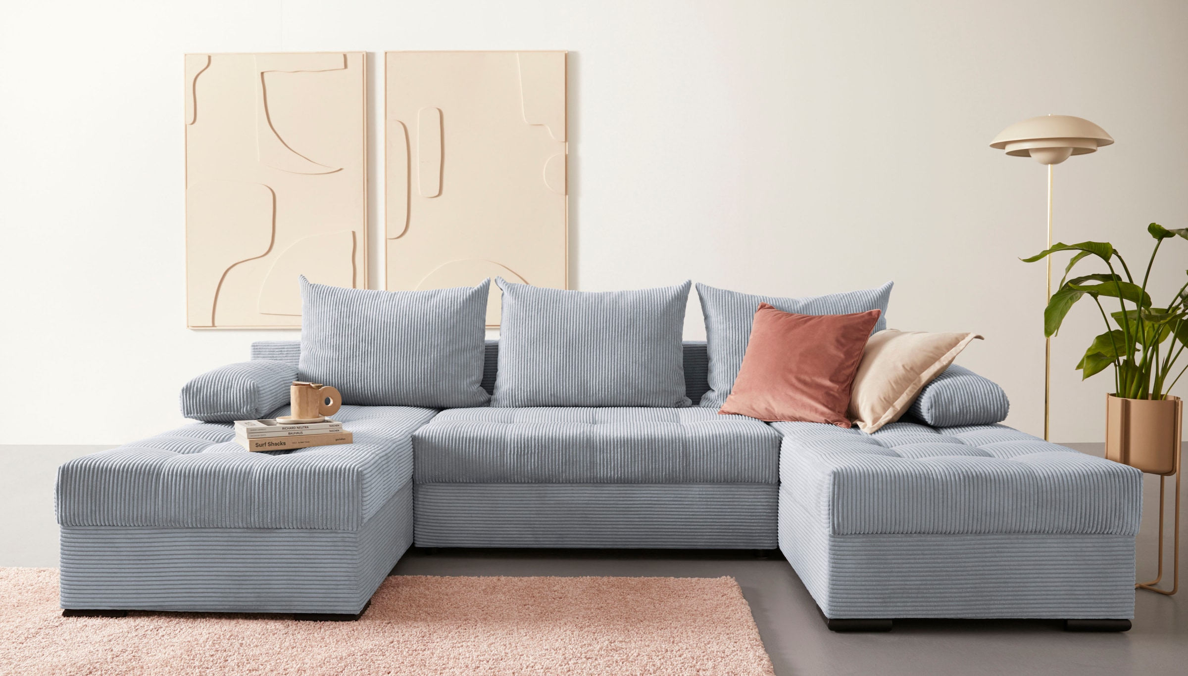 COLLECTION AB Wohnlandschaft »Josy U-Form, Breite 269 cm, Flachgewebe, Struktur, Cord & Cord/Mix«, (Cord-/Mix), inkl. Bettfunktion, Bettkasten, mit 3 gleich großen Rückenkissen