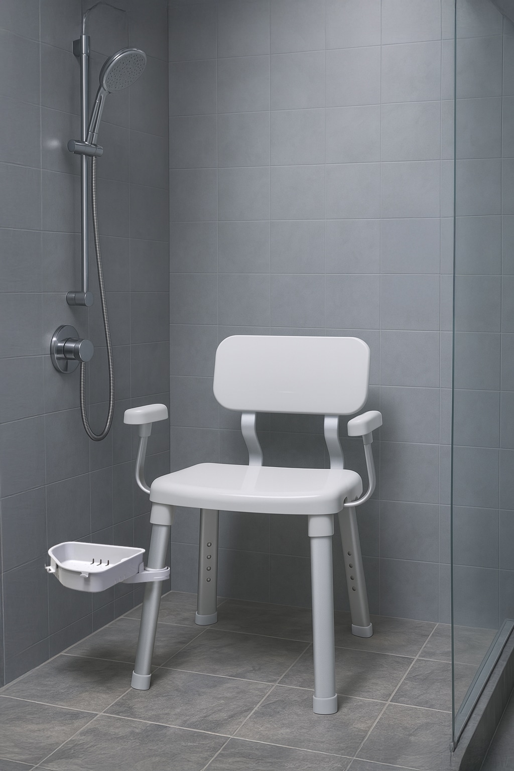 Bischof Dusch- und Badhocker, belastbar bis 150 kg, mit schwenkbarer Ablage 28x21cm