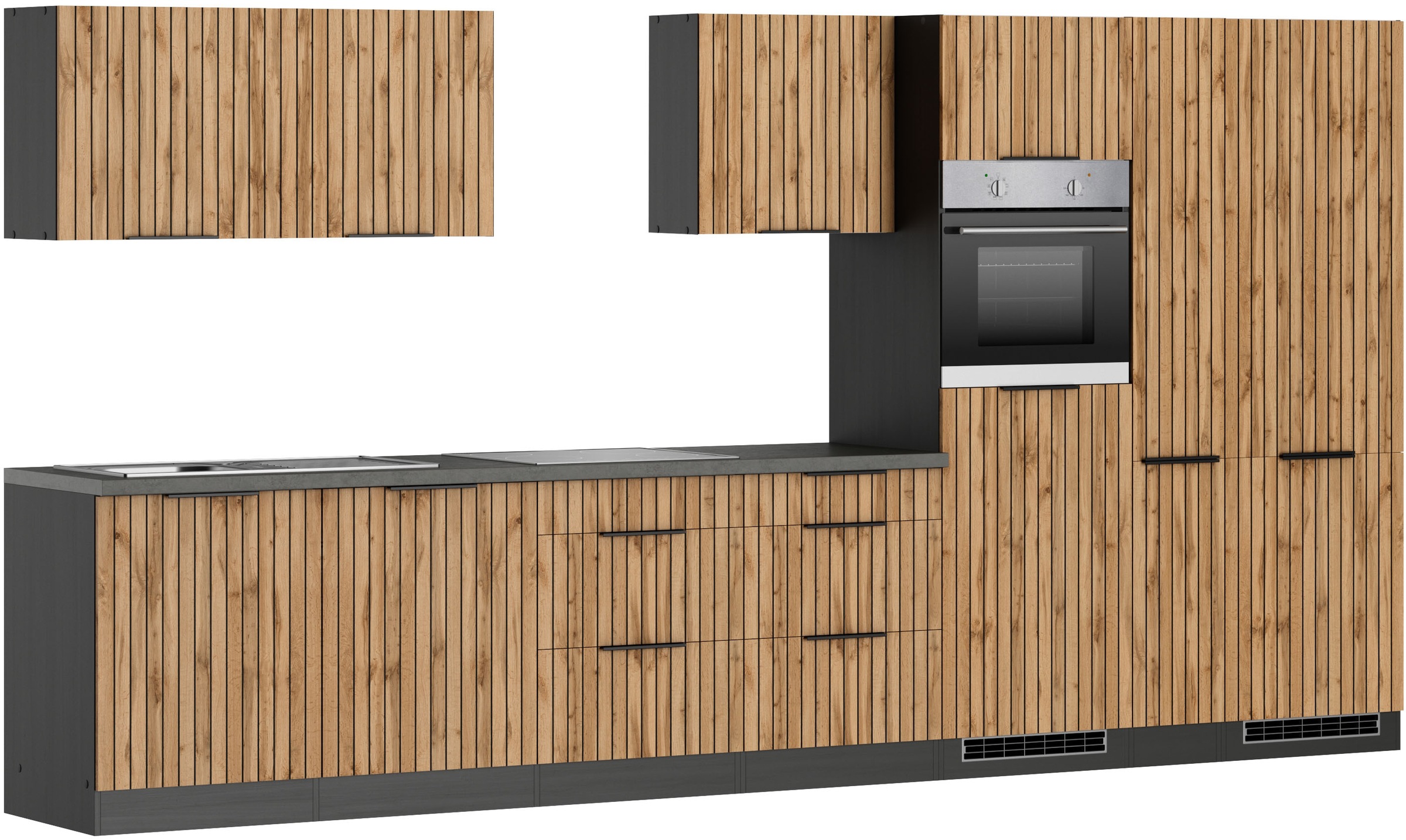 KOCHSTATION Küchenzeile »KS-Lagos, Breite 390 cm, wahlweise mit E-Geräten« Ceran-oder Induktionskochfeld, Spüle edelstahl oder schwarz