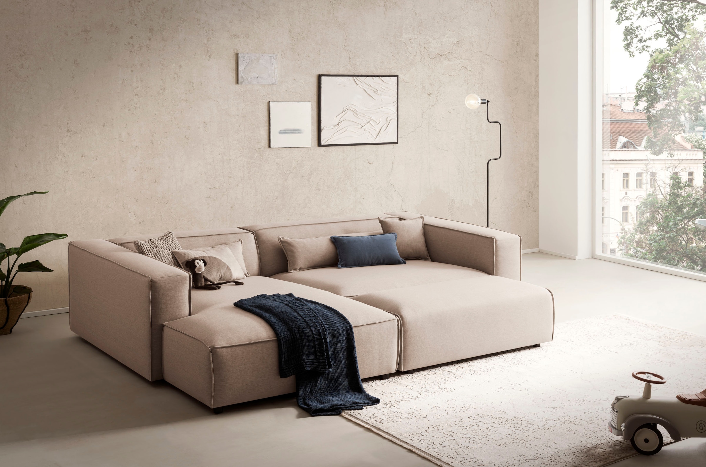 LeGer Home by Lena Gercke Polsterecke »PIARA XXL, L-Form mit Schlaffunktion, Big-Sofa in Cord o. Leinenoptik«, Hocker stellbar zum Schlafsofa (Krokodilverbinder), tiefe Sitzfläche