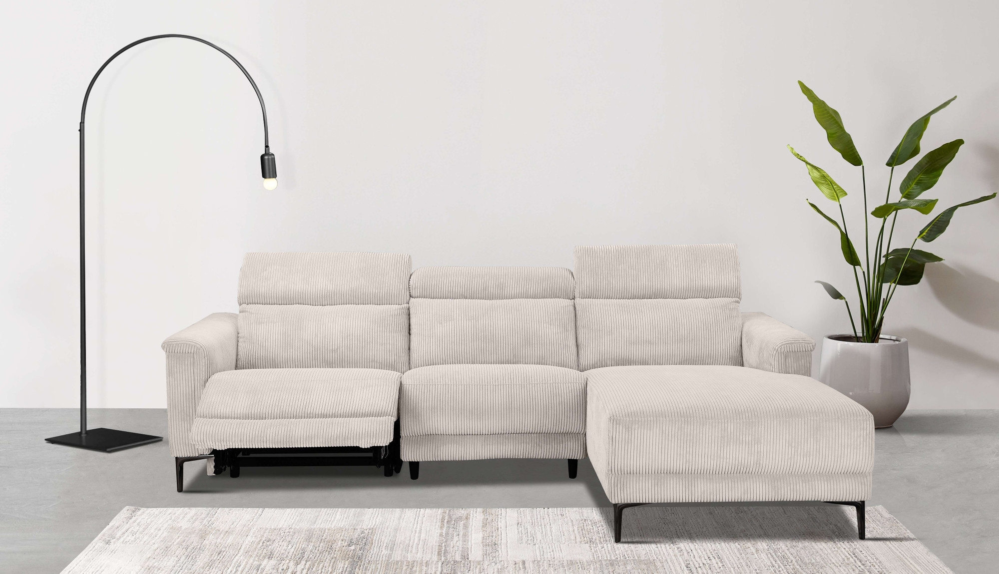 Places of Style Ecksofa »Lund in Cord, L-Form, 261 cm, manuelle und elektr. Relaxfunktion,«, USB-A und Kopfteilverstellung