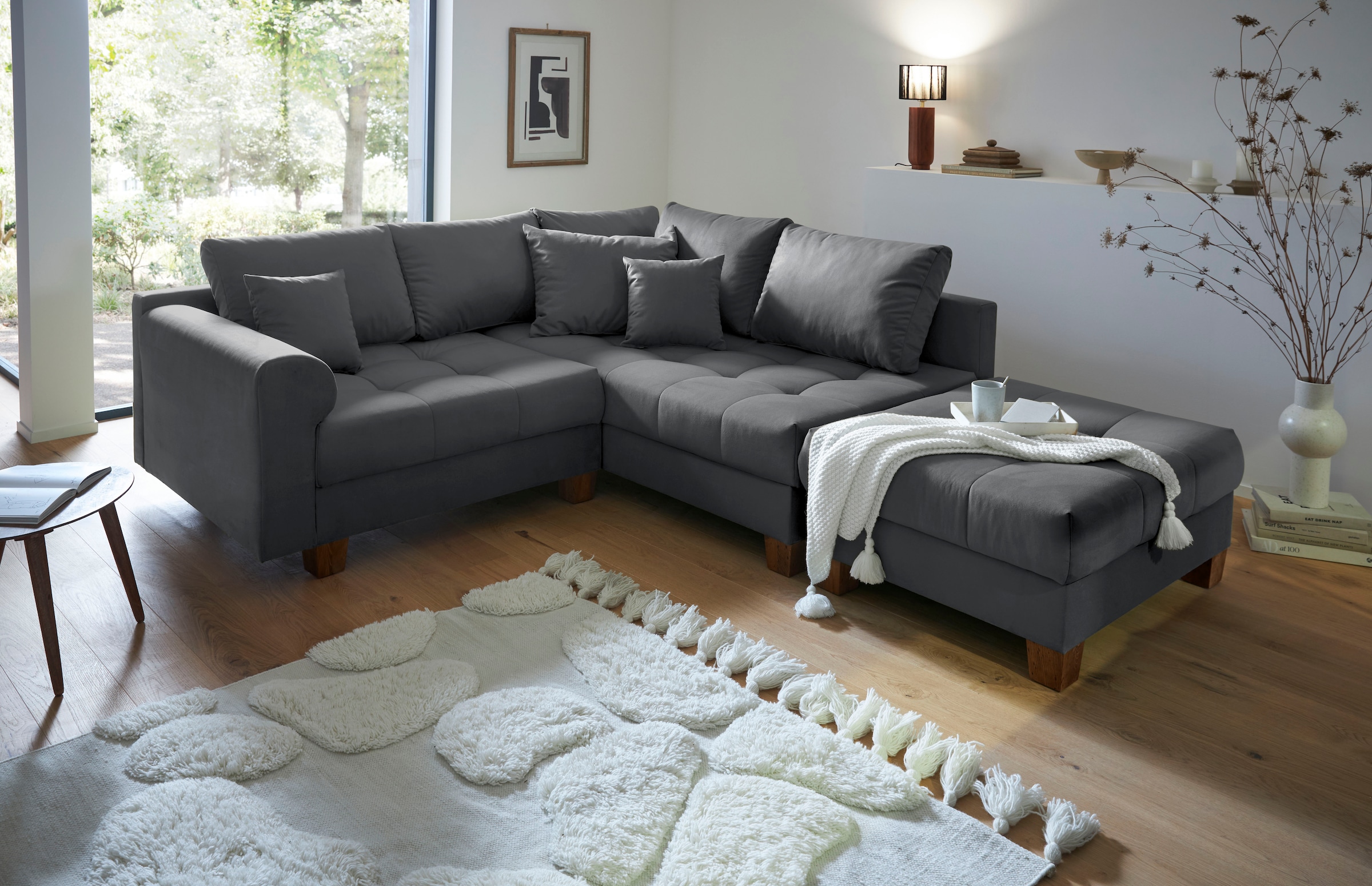 Home affaire Ecksofa »Rice L-Form inkl. Hocker«, (Set, mit Hocker), mit Bonnellfederkern, Hocker & Kissen, Ottomane beidseitig montierbar