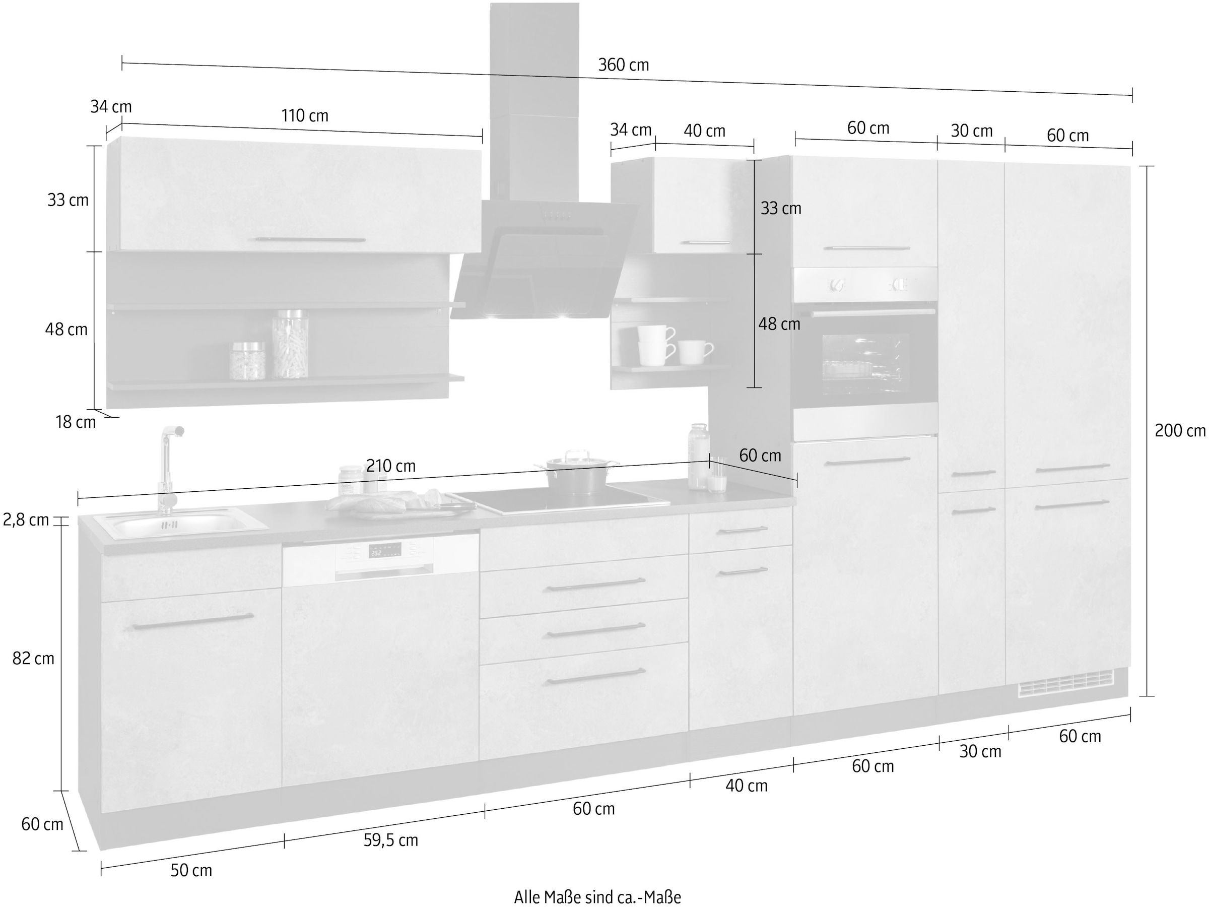 KOCHSTATION Küchenzeile »KS-Tulsa«, mit E-Geräten, Breite 360 cm, schwarze Metallgriffe, MDF Fronten