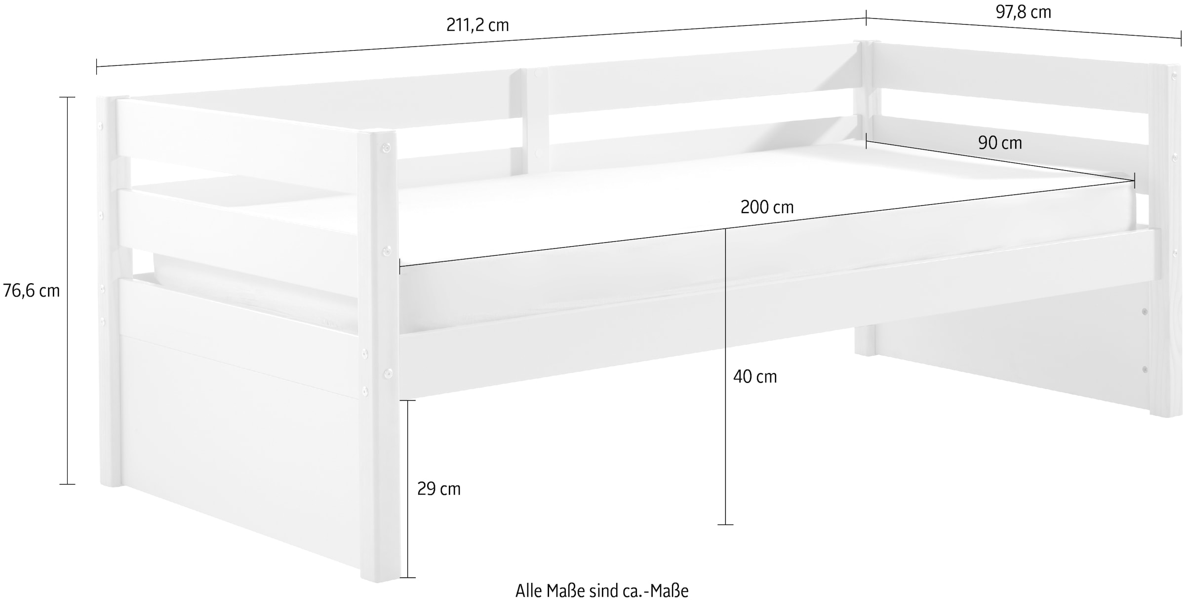 Vipack Einzelbett »Magrit, Kojenbett mit seitlichem Umbau, Liegefläche 90 x 200cm«, (B/H/T ca. 211,2x76,6x97,8cm, Pfosten massiv, Umbau MDF weiß lackiert), universell einsetzbar, wahlweise mit und ohne Bettschublade