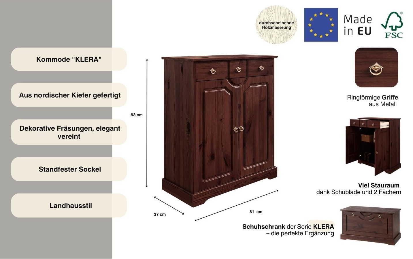 Home affaire Kommode »Klera« Breite 81 cm, aus massiver Kiefer, FSC®-zertifiziert