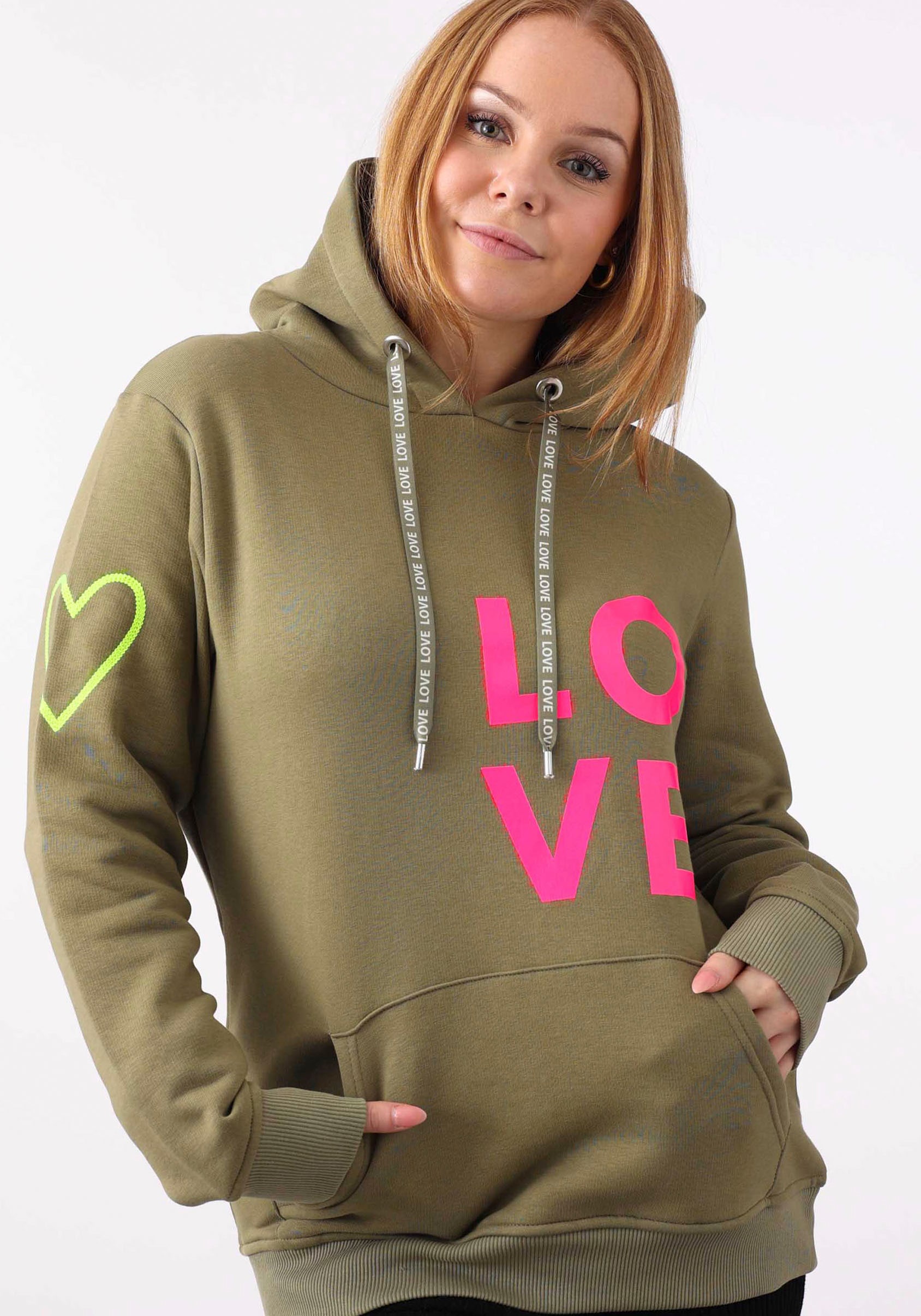 Zwillingsherz Kapuzensweatshirt, mit gesticktem Neon Smiley und Kordel mit Schriftzug