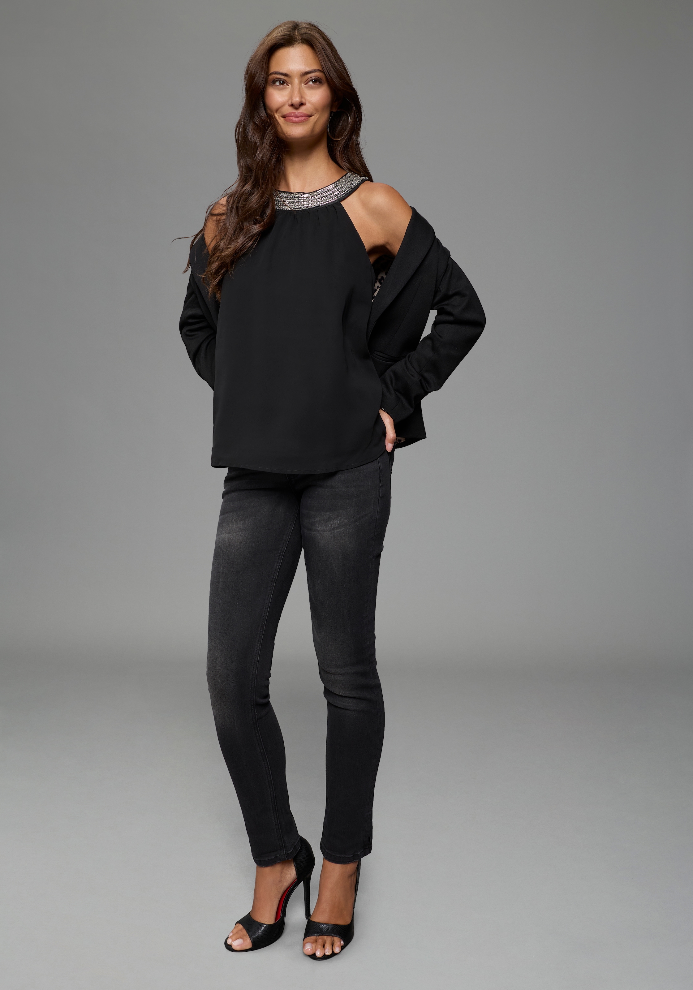 Laura Scott Blusentop mit Rundhalsausschnitt, A-Linie, hüftlange Schnittform