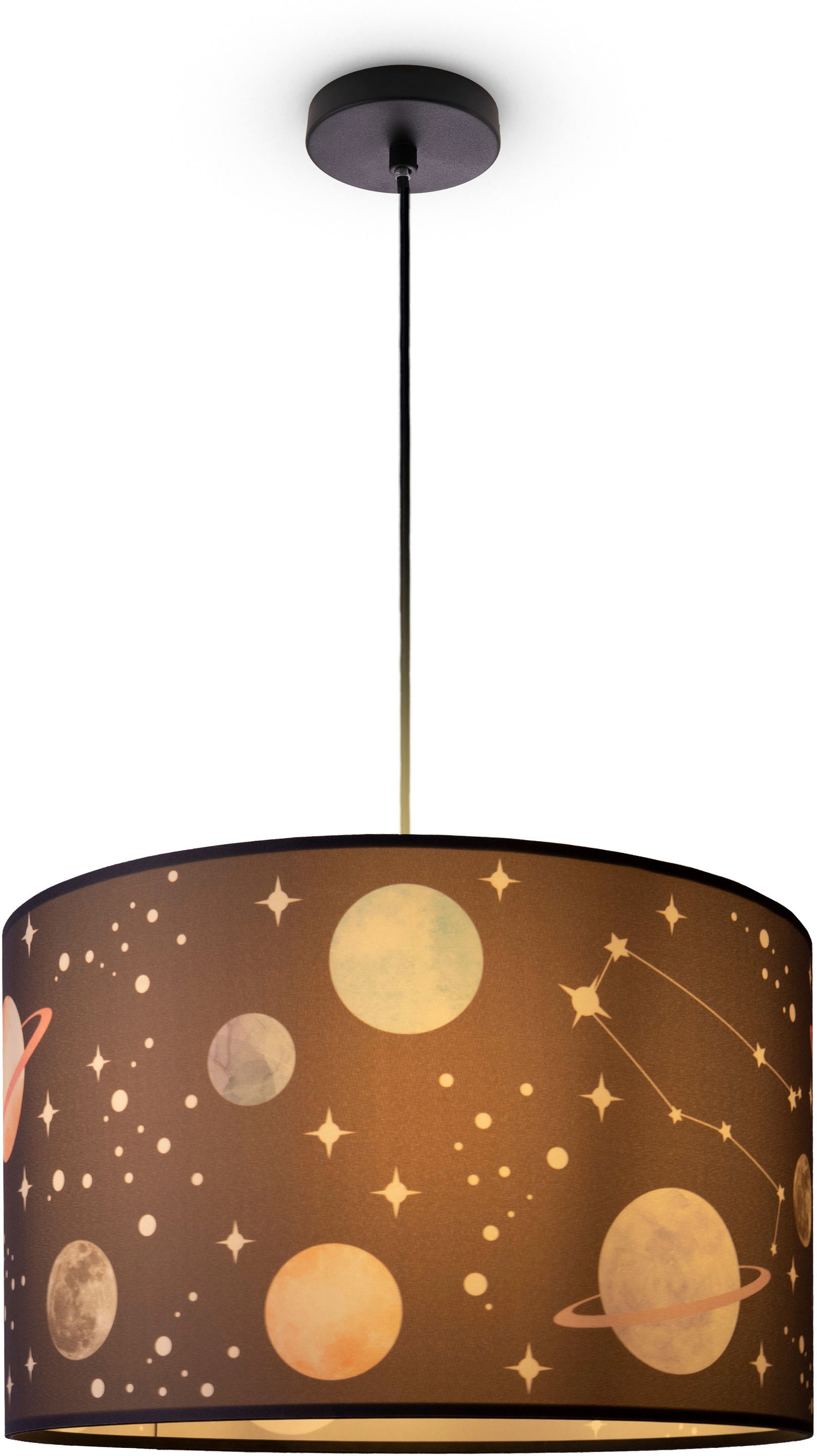 Paco Home Stoff | Jahren Pendellampe kaufen Lampenschirm XXL Pendelleuchte E27 »Hugo Kinderzimmer mit Cosmo«, Planeten Sterne 3 Rund Garantie online