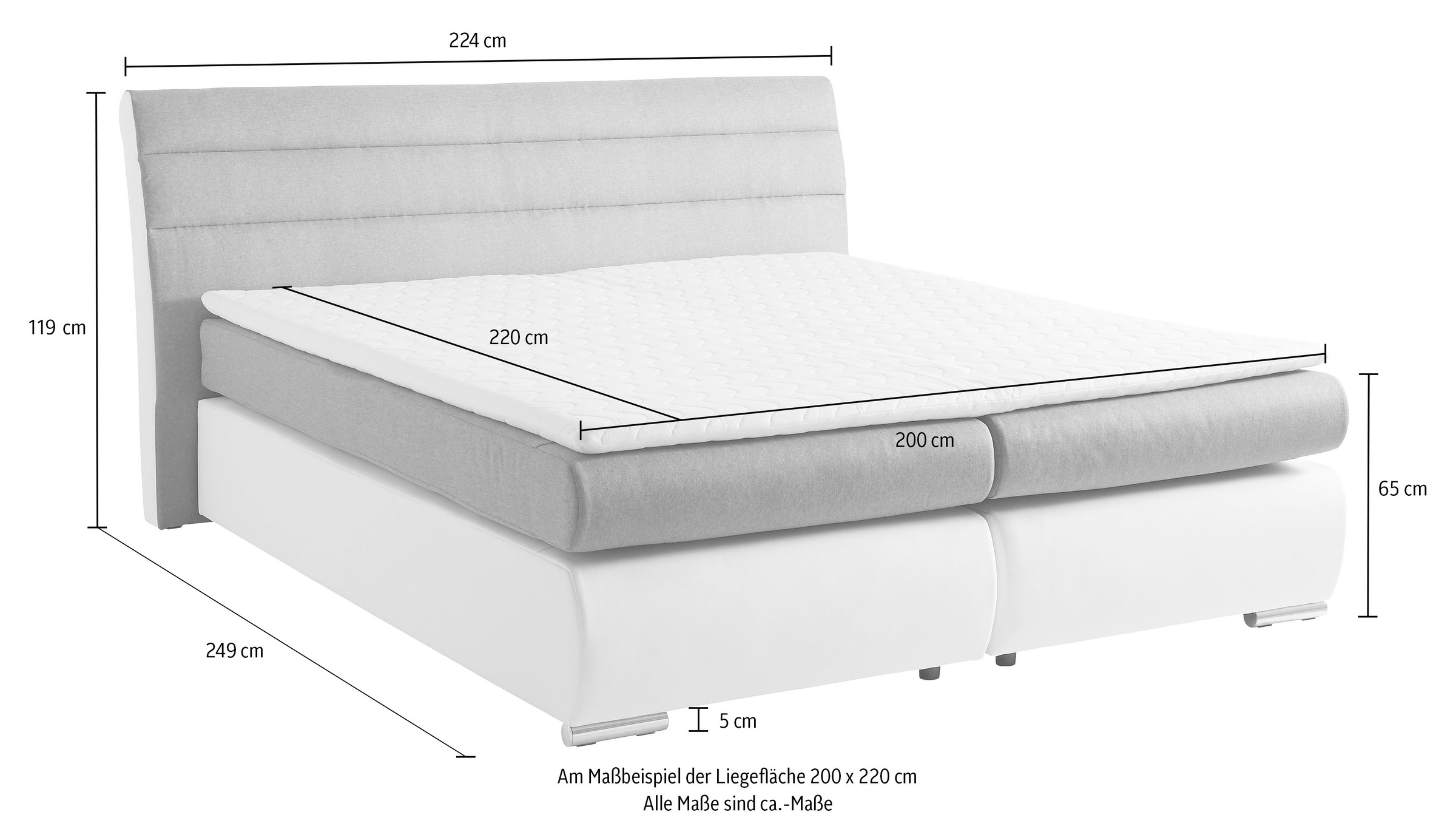 Places of Style Boxspringbett »Luna«, in Struktur-/Kunstleder-Mix, Überlänge 220 cm, bis zu 3 Härtegrade