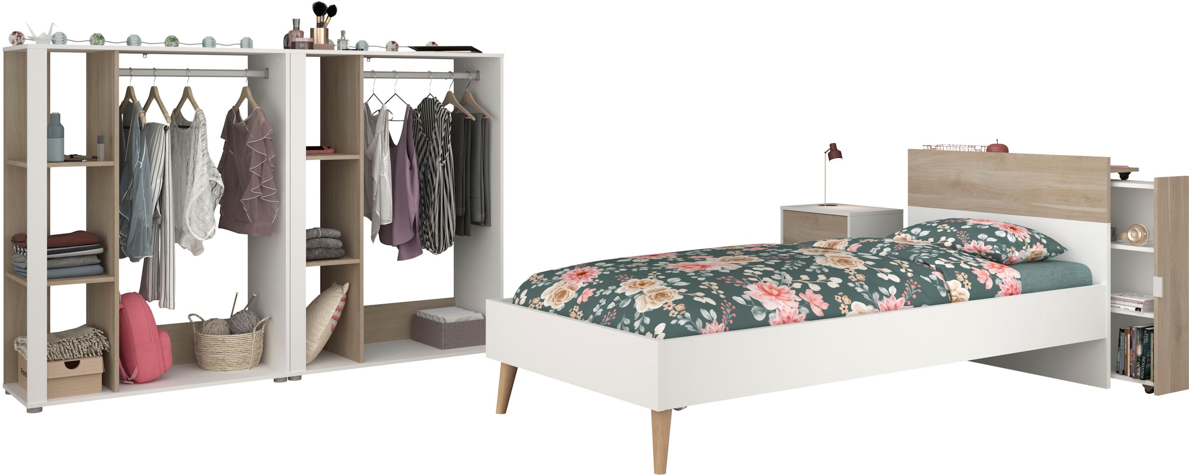 Parisot Jugendzimmer-Set »Parisot Aalborg 6«, (Set, 4 tlg.), offene Regale als Kleiderschrank mit Keiderstange und Stauraumfächern