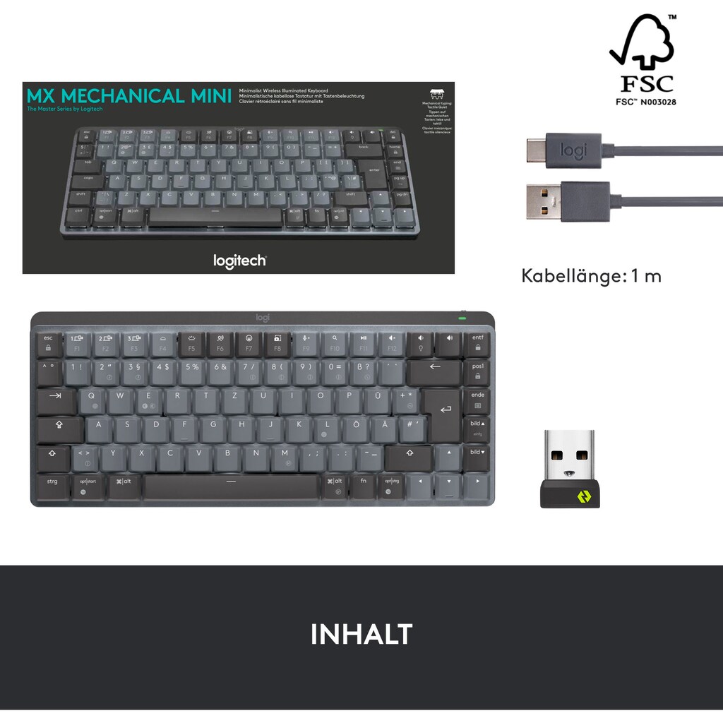 Logitech Tastatur »MX Mechanische kabellose Mini-Tastatur mit Beleuchtung«, (Easy-Switch-Funktionstasten-Multimedia-Tasten-USB-Anschluss)