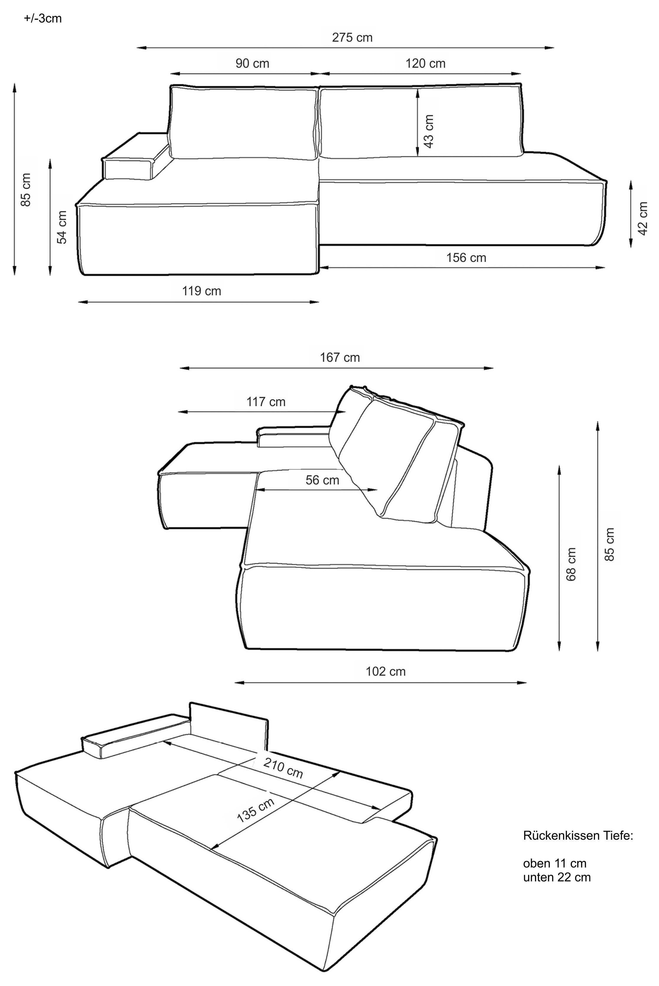 Home affaire Ecksofa »SHERWOOD, Schlafsofa in L-Form offen (275cm), Cord, Leinenoptik«, Schlaffunktion und Bettkasten, Kedernaht, hoher Sitz- & Liegekomfort