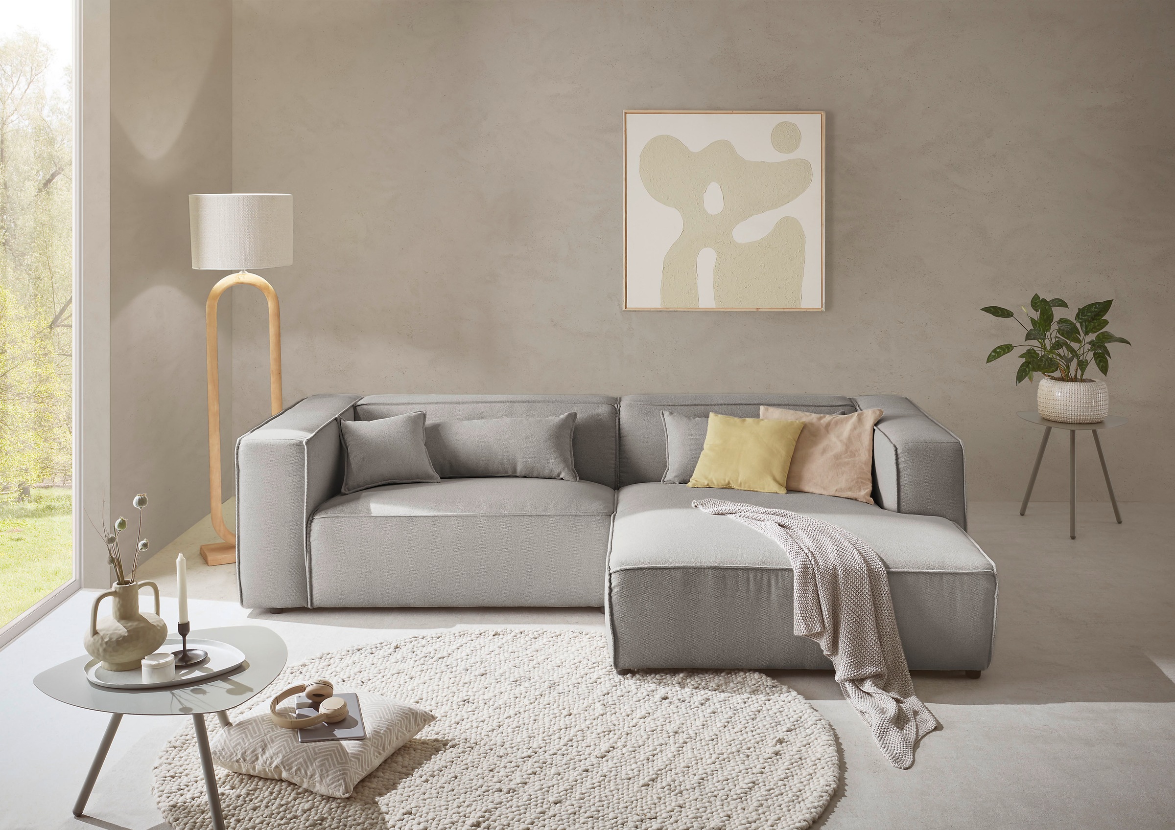 LeGer Home by Lena Gercke Ecksofa »PIARA mit Kedernaht, Cord, Leinenoptik o. Strukturstoff, Couch, L-Form«, wahlweise Ottomane rechts/links, schwarze Füße, bequemer Sitzkomfort