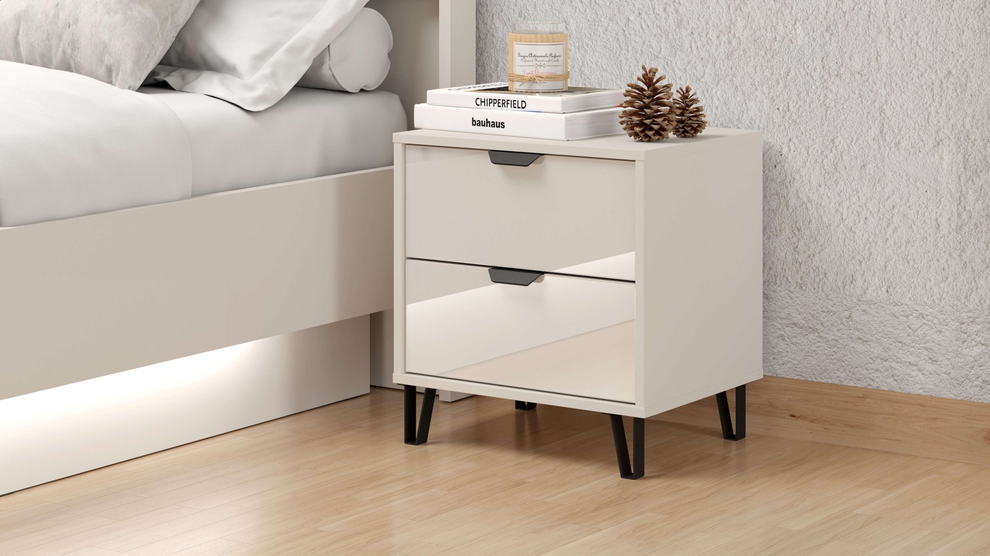 INOSIGN Nachtkommode »Lucca Nachttisch, Nachtschrank, Trendfarbe cashmere, 48x40x52cm«, 2 Schubladen mit Glasfront, FSC®-zertifizierter Holzwerkstoff