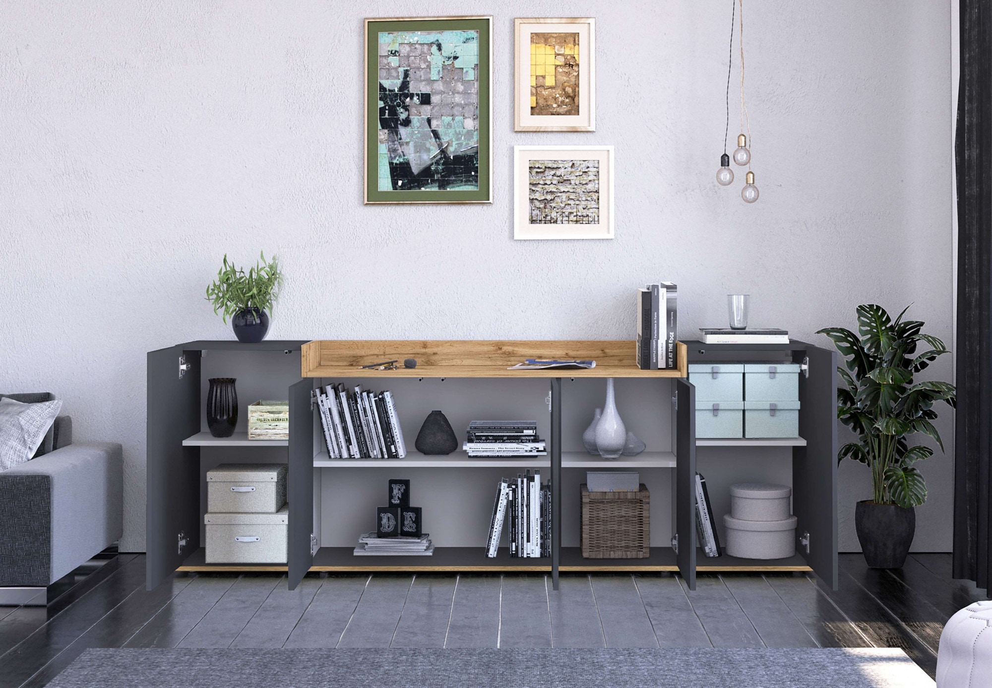 OTTO home Sideboard »BOLSENA, Kommode, Schrank,Lowboard mit 8 Fächer und offenes Ablagefach« 1 Stk. tlg. stehend/hängend montierbar, Made in Italy, B/T/H: 200 × 35 × 71,2 cm
