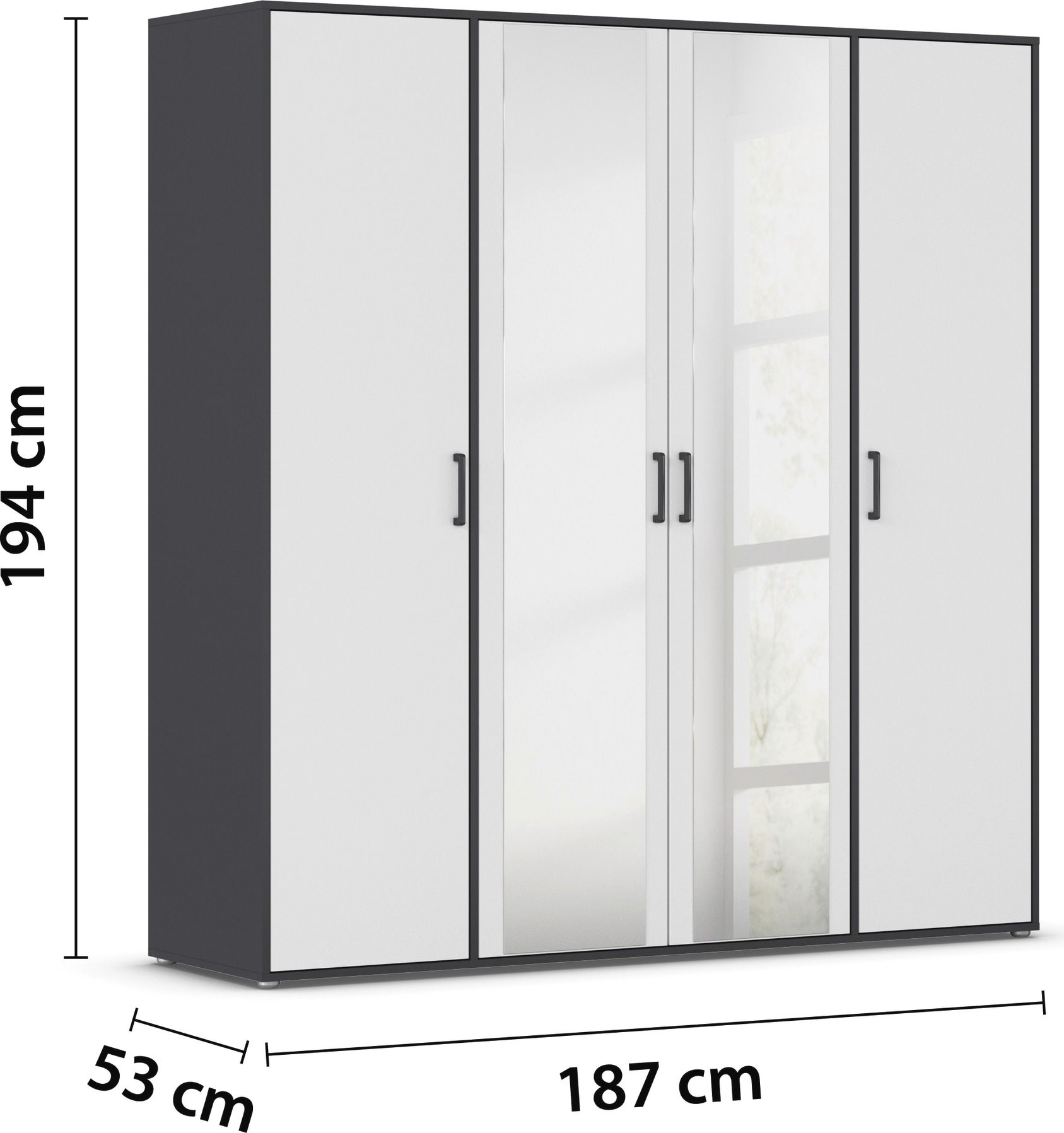 rauch Drehtürenschrank »Kleiderschrank Schrank Garderobe Wäscheschrank VOYAGER«, (in 3 verschiedenen Ausstattungen BASIC/CLASSIC/PREMIUM), mit modernen Griffen in Graumetallic und Spiegel