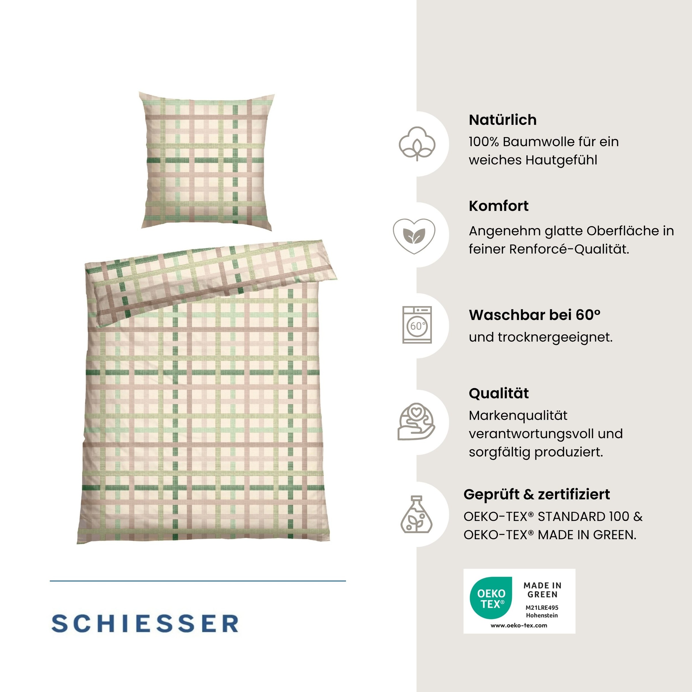 Schiesser Bettwäsche »Luiza aus weicher Baumwolle mit hübschem Karomuster« 2 Stk. OEKO-TEX® MADE IN GREEN