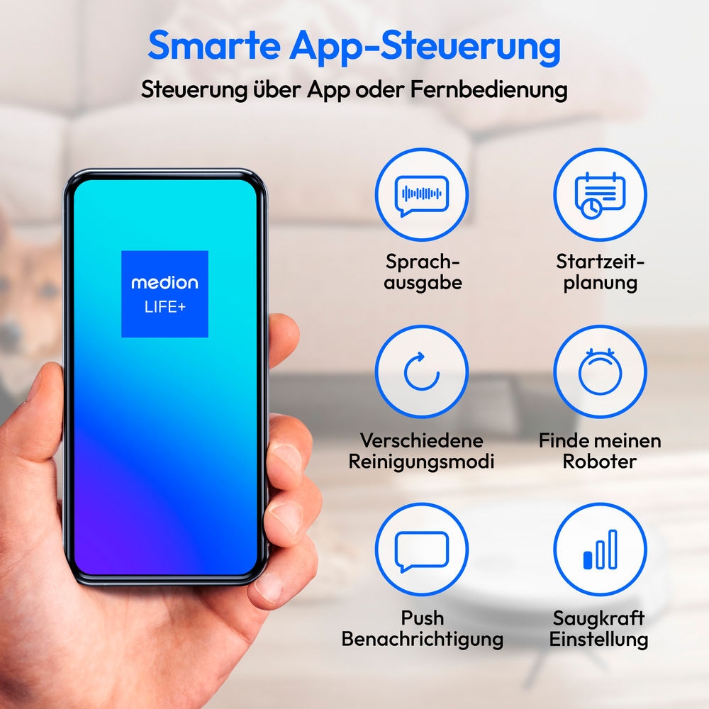 Medion® Saugroboter »S35 (MD 11899), intelligente S-Linien Navigation, 4 kPa Saugleistung«, App-Steuerung, Teppicherkennung, 120 min Laufzeit, Ladestation